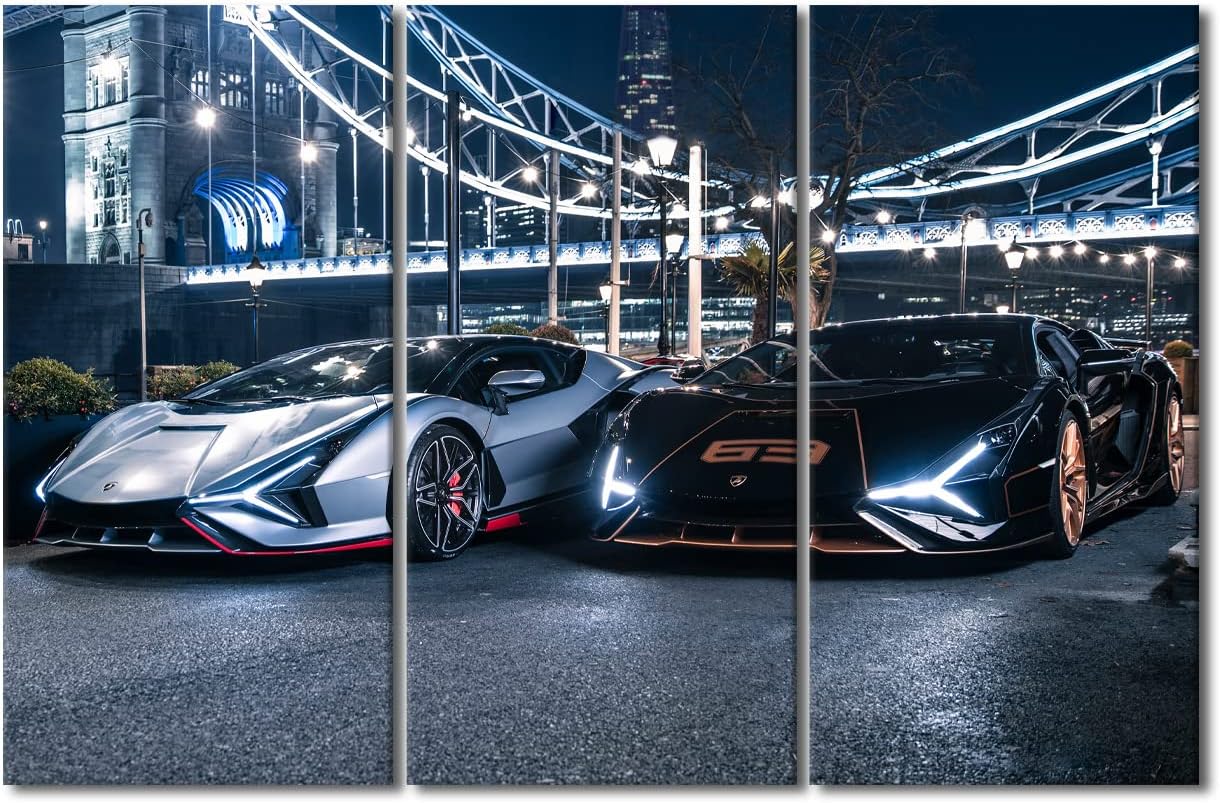 Wall Art Decor Painting on Canvas Sports Car Poster Pictures for Home Walls Super Cars and Bridge Landscape Office Wall Art 3 Pieces Framed Modern Artwork for Living Room Boys Bedroom, 42" Wx28 H