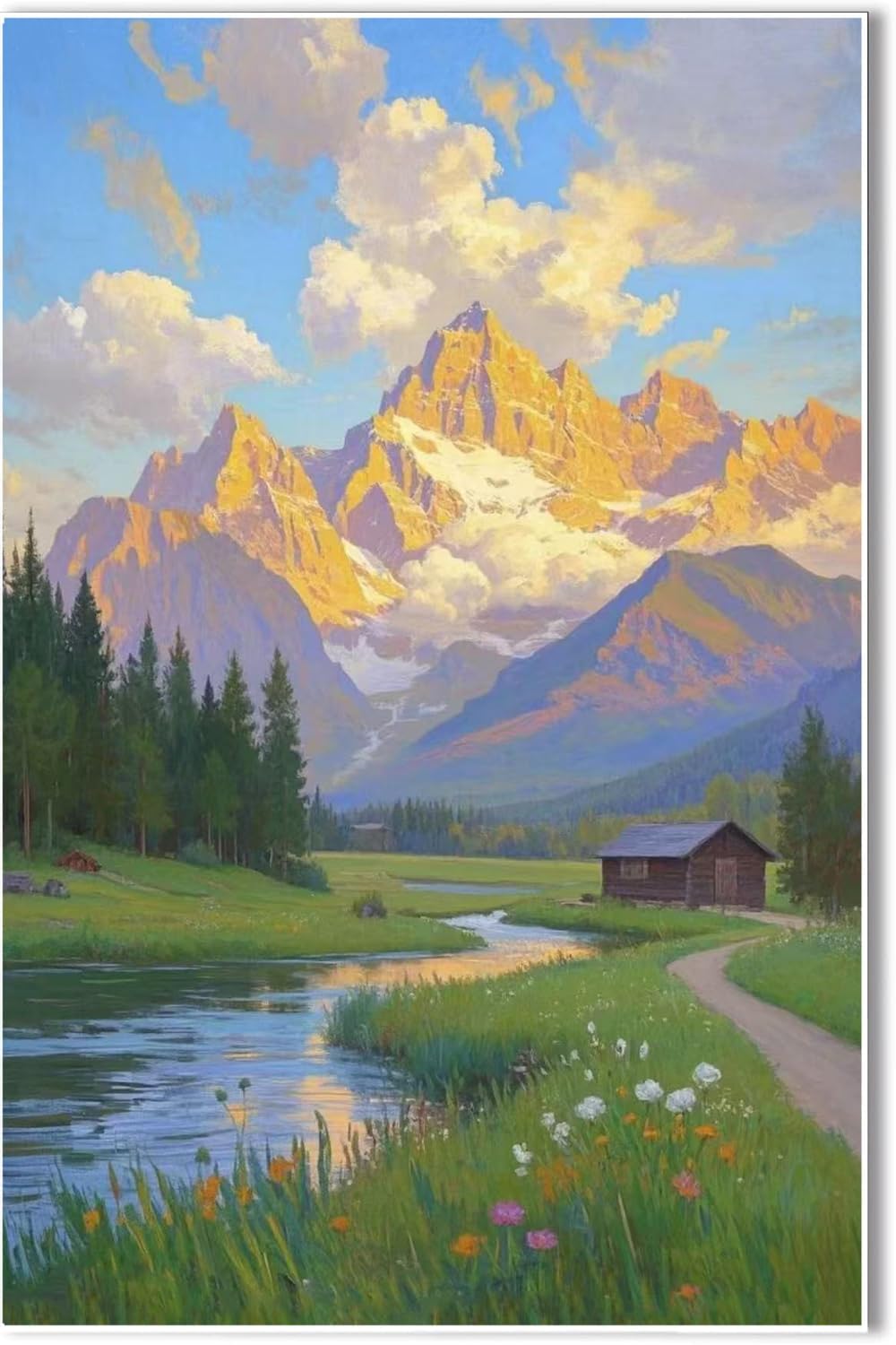 The mountain stream and lawn scenery under the sun is suitable for posting in the living room bedroom office landscape poster wall painting