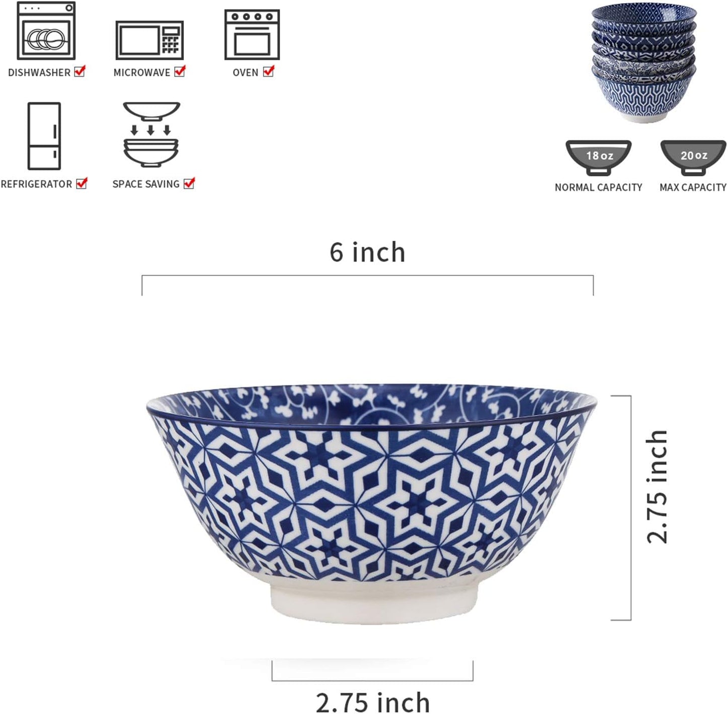 Selamica Blue and White Porcelain 20oz Cereal Bowl Set - Set of 6, 6 inch Soup Bowls, Ceramic bowls for Cereal, Soup, Salad and Pasta, Vintage Blue