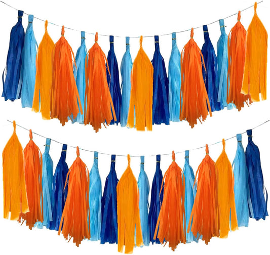 Blue and Orange Tassel Garland,Tissue Tassel Banner for Party Decorations,Navy Blue,Sky Blue,Orange,Light Orange,Pack of 20
