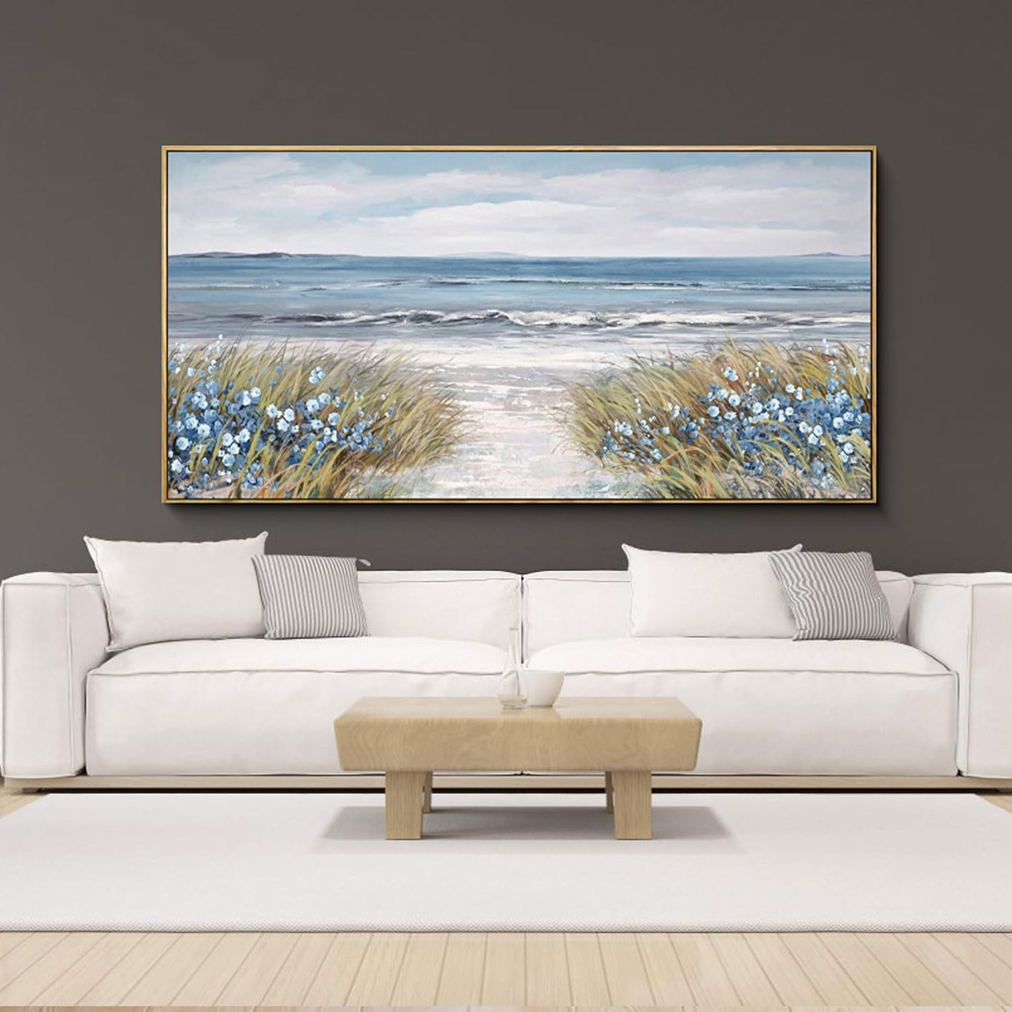 XLSJERST Large Framed Wall Art for Living Room Decor - Farmhouse Boho Beach Coastal Vintage Floral Ocean Wall Picture Flowers Sea Canvas Print Artwork for Home Bedroom Office 29x58