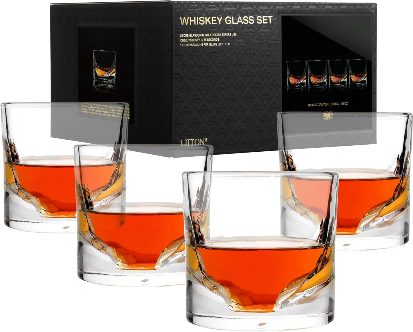 Grand Canyon Heavy Crystal Whiskey Glasses Gift Set of 4, Thick Freezable Bourbon Glass 1lb Each, Premium Whiskey Gifts for Men, Frozen Crystal Chills Cocktails, 10 oz