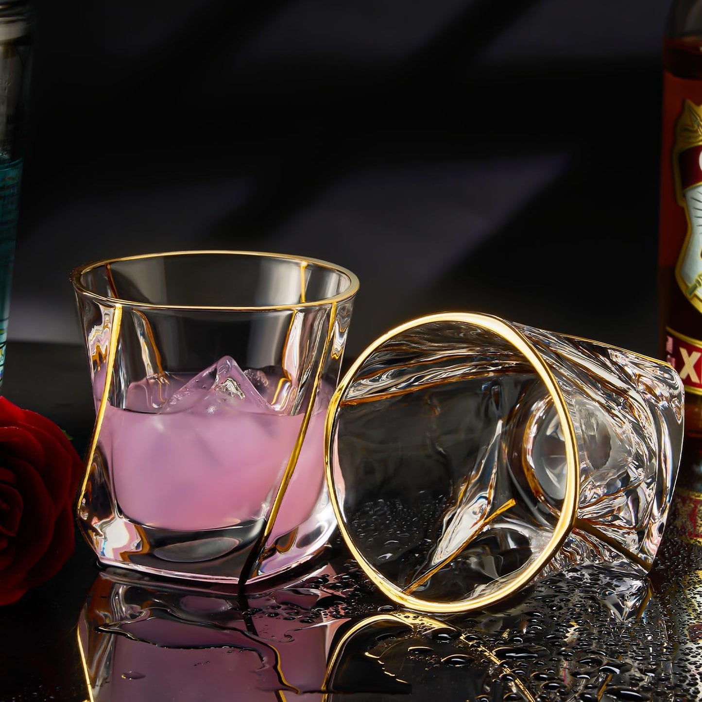 Crystal Whiskey Glasses Set of 2 with 24K Gold Rim,Bar Glasses,Twisted Whiskey Glass Gold Collection for Bourbon,Scotch and Wine,Rock Barware for Men Gift - 8oz