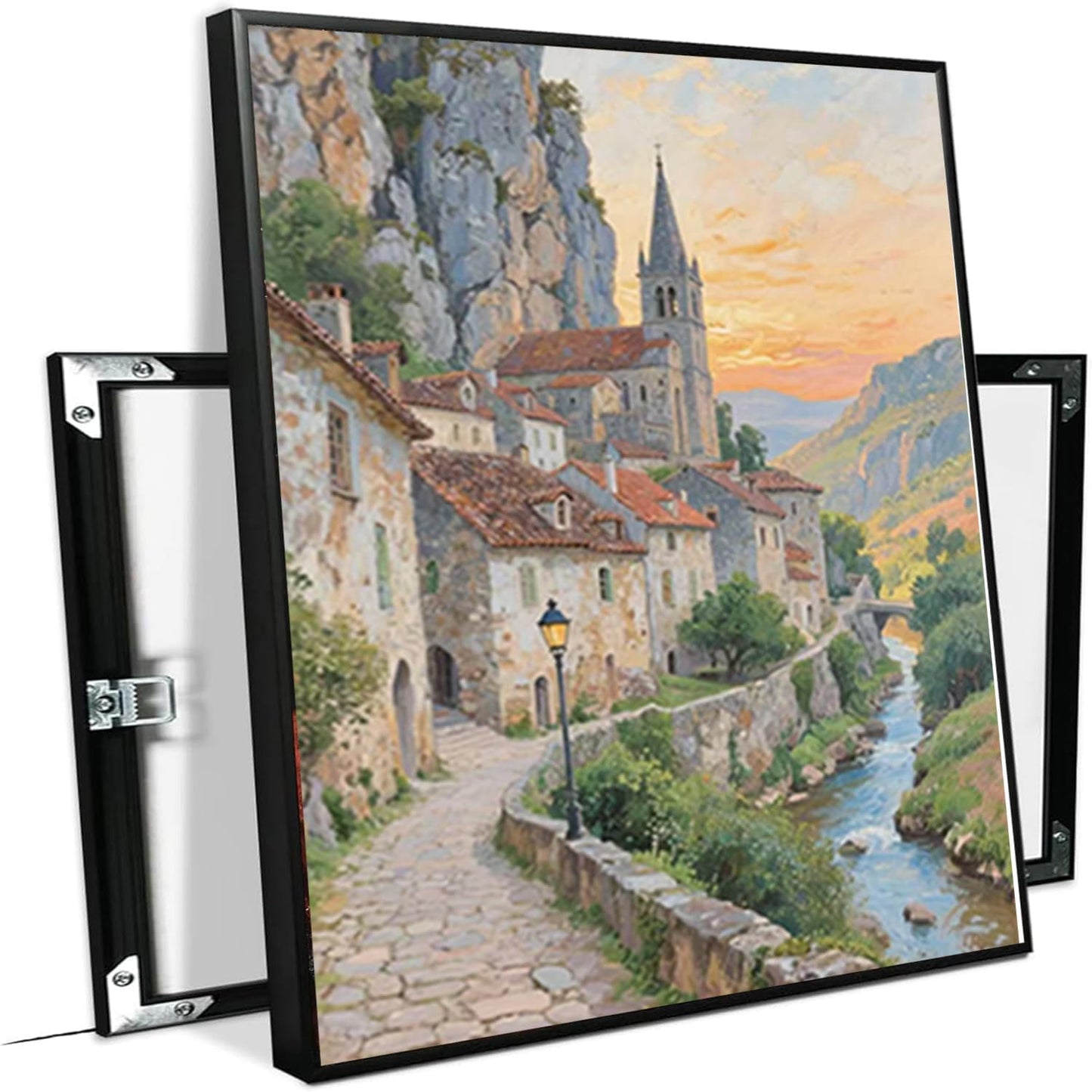 Small town scenery poster on the bank of the mountain stream is suitable for living room bedroom and office natural oil painting poster