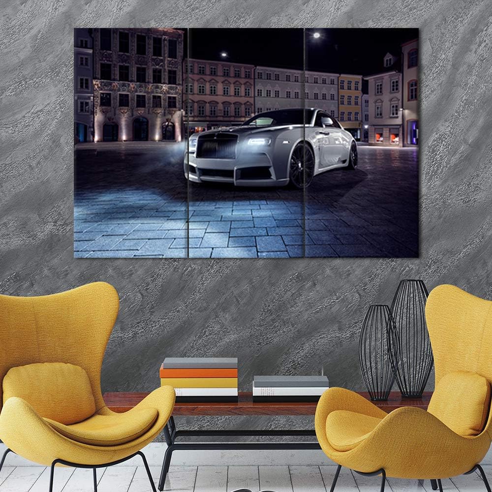 Wall Art Painting 3 Piece Cityscape and White Supercar Painting Pictures Print On Canvas Sports Car The Picture for Home Modern Decoration Stretched by Wooden Frame Ready to Hang 28 x 14inch x 3