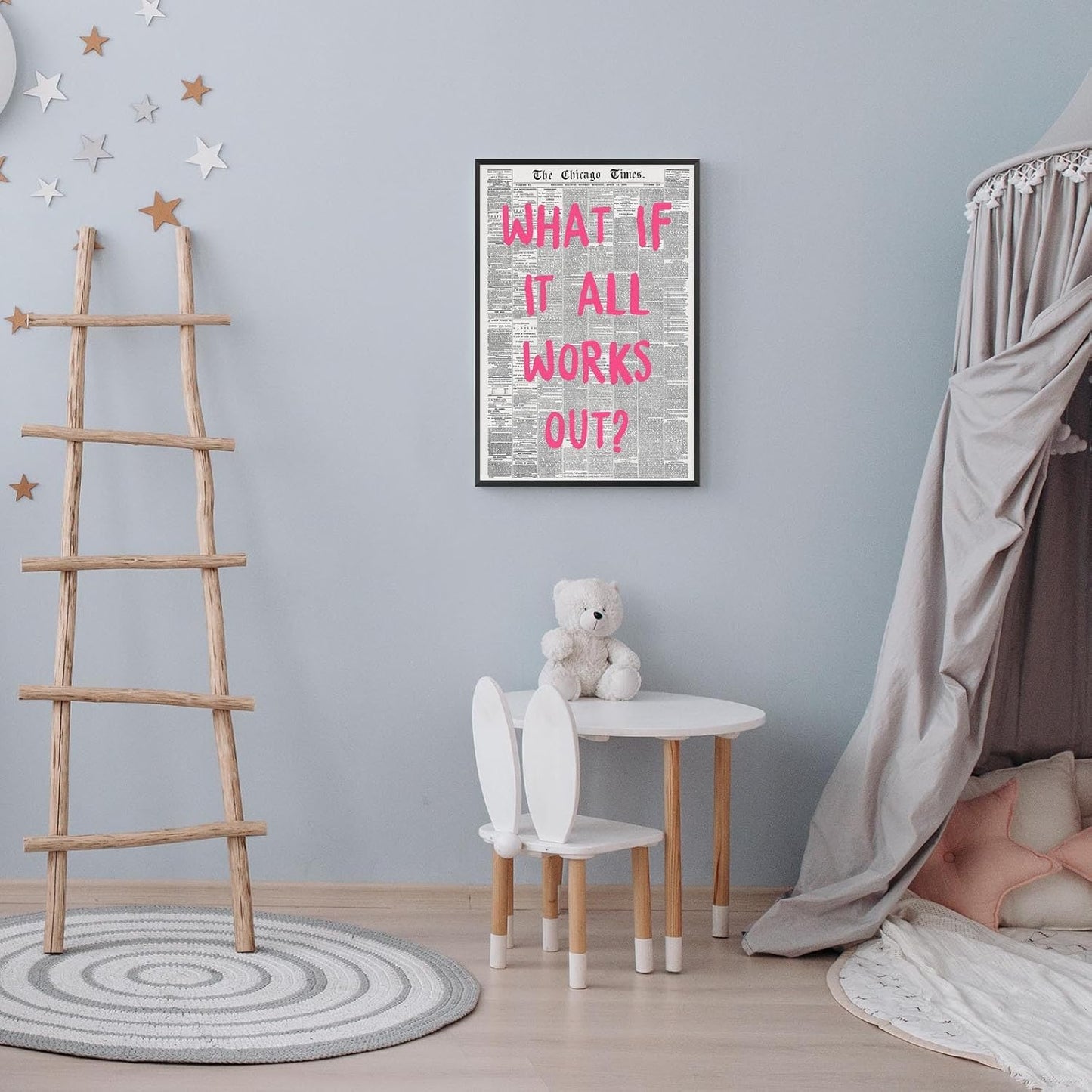 Liyark Retro Trendy Newspaper Canvas Wall Art 'What If All Works Out' Poster - Positive Affirmation Quote - Pink Font - Minimalist Home Decor - Framed 12x16in