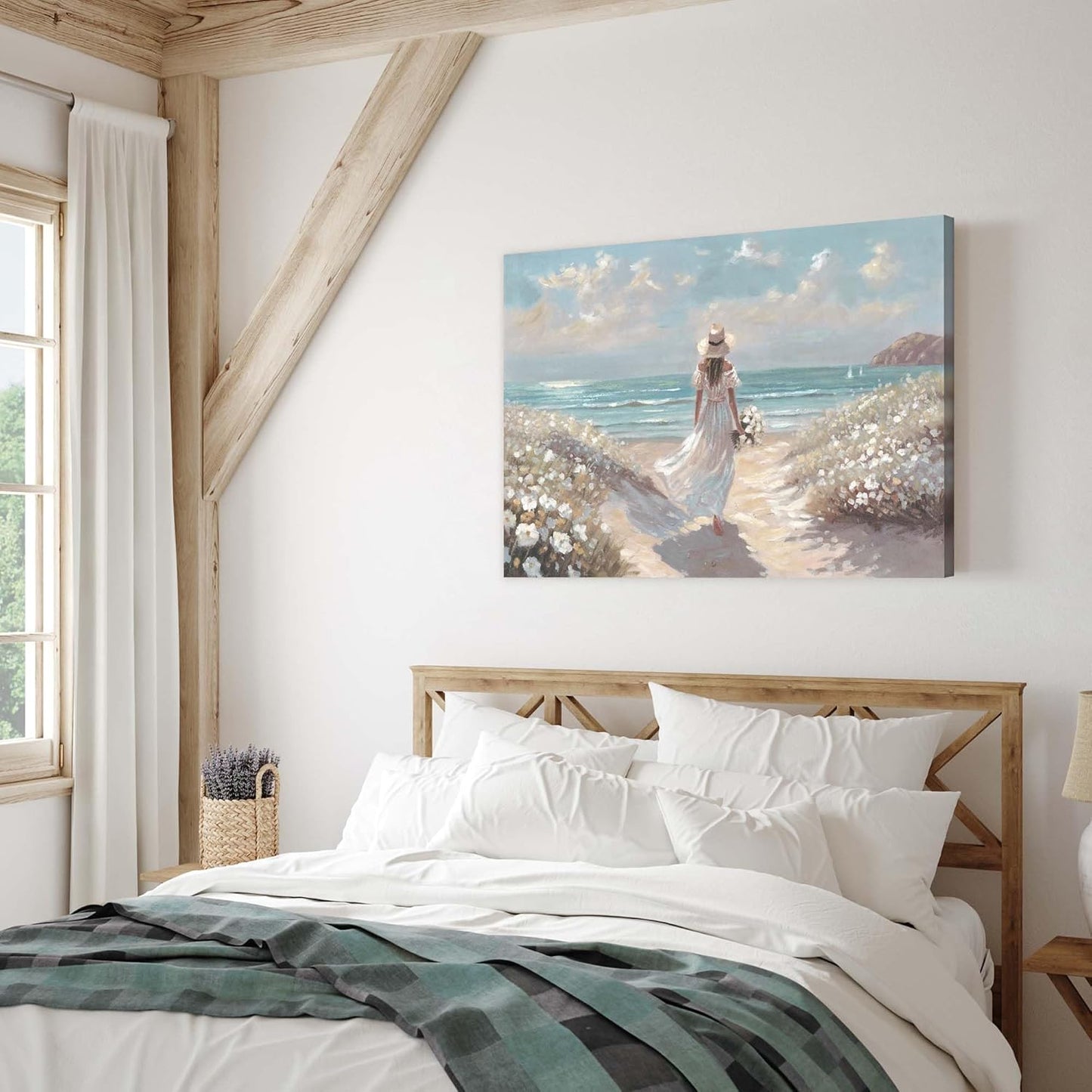 cozy country Beach Wall Art 45"x30" - Coastal Pictures Ocean Canvas Decor - Nautical Artwork Seascape Hand Painting for Girls Room, Bedroom, Sea House