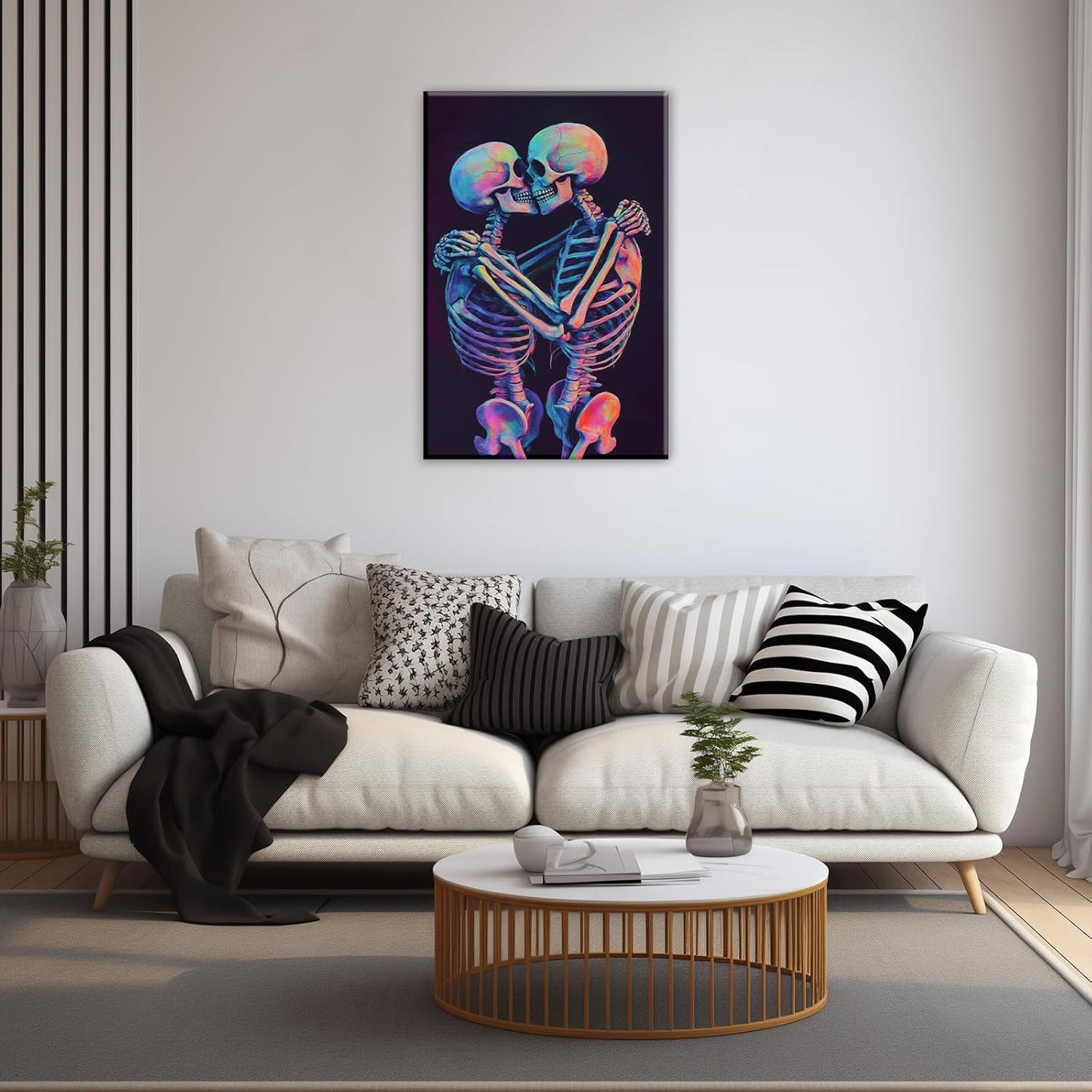 Skeleton Wall Art Kissing Skull Art Poster Skeleton Lover Picture Print On Canvas Abstract Horrible Theme Painting Framed Artwork Living Room Decor(Artwork-3,12"x18")