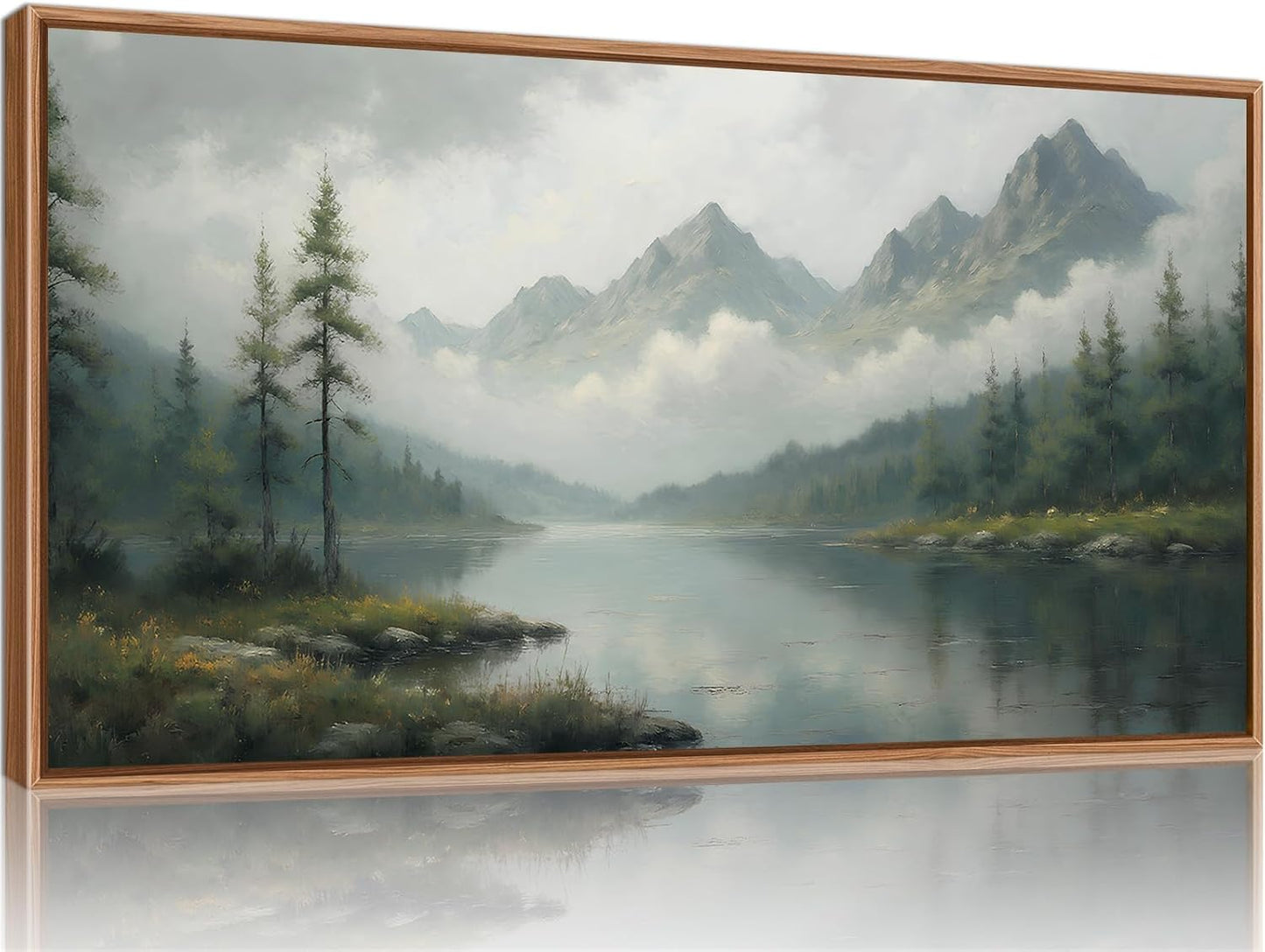 SIGNINART Large Misty Mountain Framed Canvas Wall Art, Green Forest River Scenery Wall Decor, Modern Foggy Wooden Landscape Artwork, Oil Style Nature Art Print for Living Room Bedroom Office 20"x40"