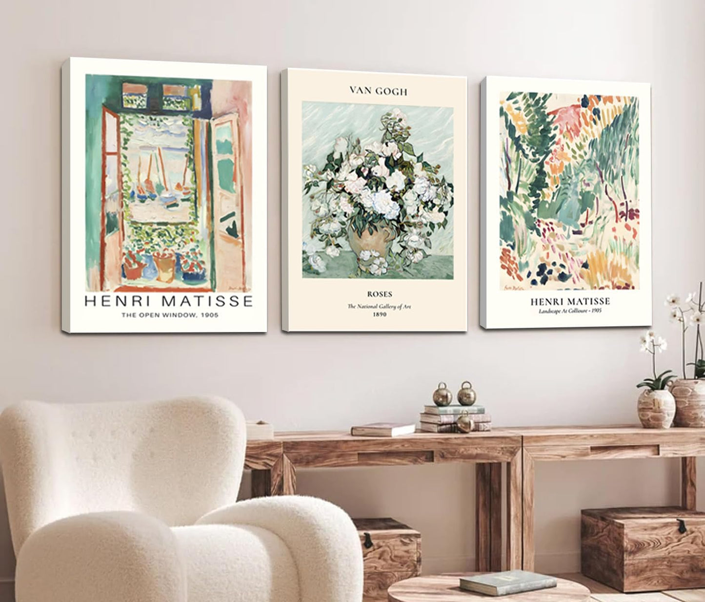 Framed Sage Green Matisse Wall Art Set of 3 Vintage Vin Gogh Flower Market Posters Retro Open Window Canvas Prints Abstract Aesthetic Artwork Painting Picture Decor for Living Room Bedroom 16x24in