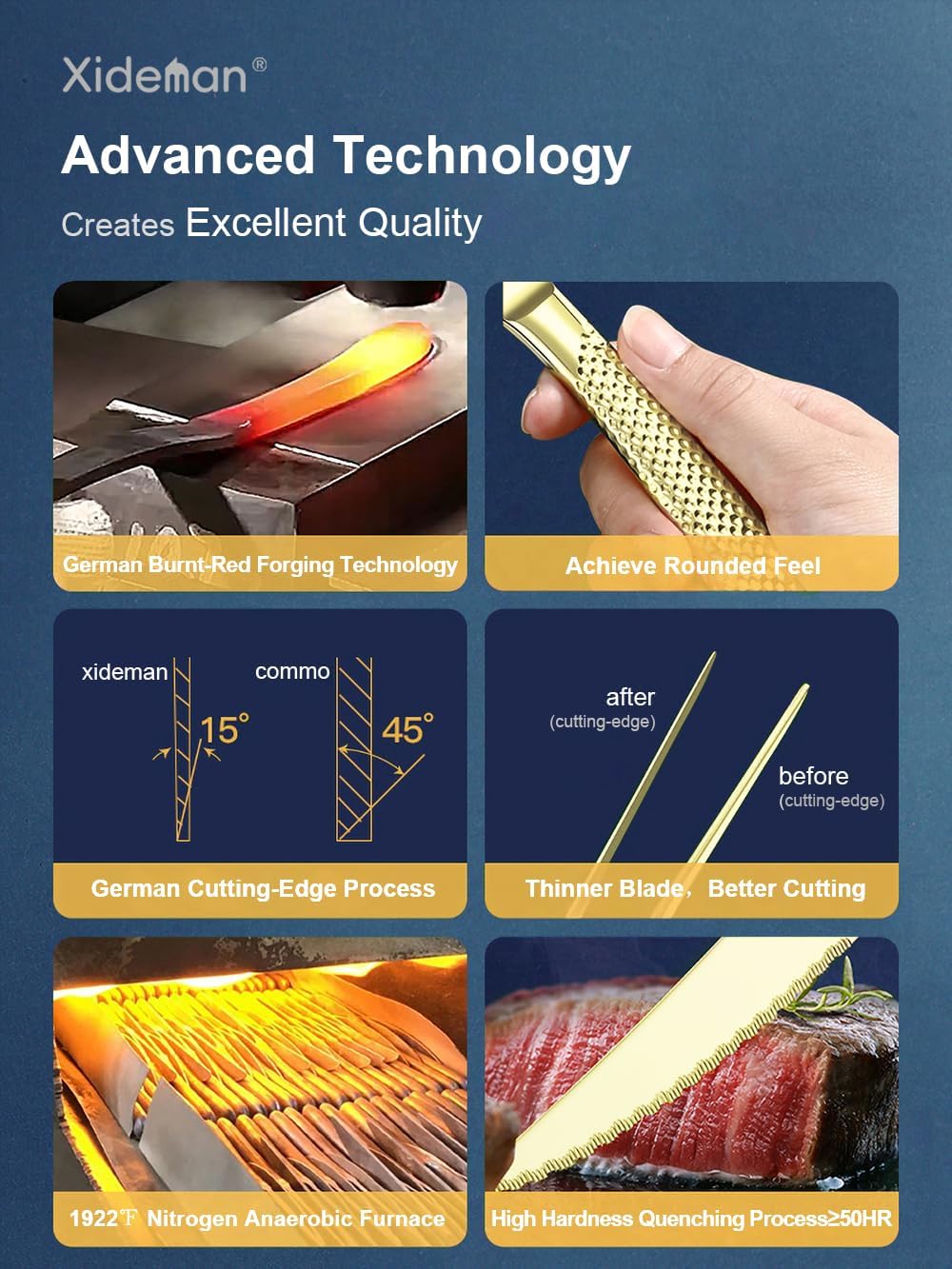 16-Piece Modern Champagne Gold Hammered Silverware Set with Ultra Sharp 2-IN-1 Serrated Knive, Golden 18/10 Stainless Steel Flatware Set, Utensil Cutlery Set for 4 Person, Forks Spoons Knives