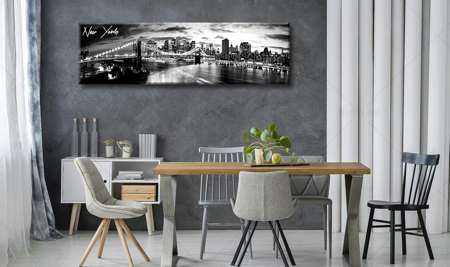 DJSYLIFE New York Skyline Wall Art - Brooklyn Bridge Night View - Black and White Nyc City Pictures Scape Artwork Painting Decoration for Bedroom or Office, Ready to Hang 13.8"x47.3"-New York1