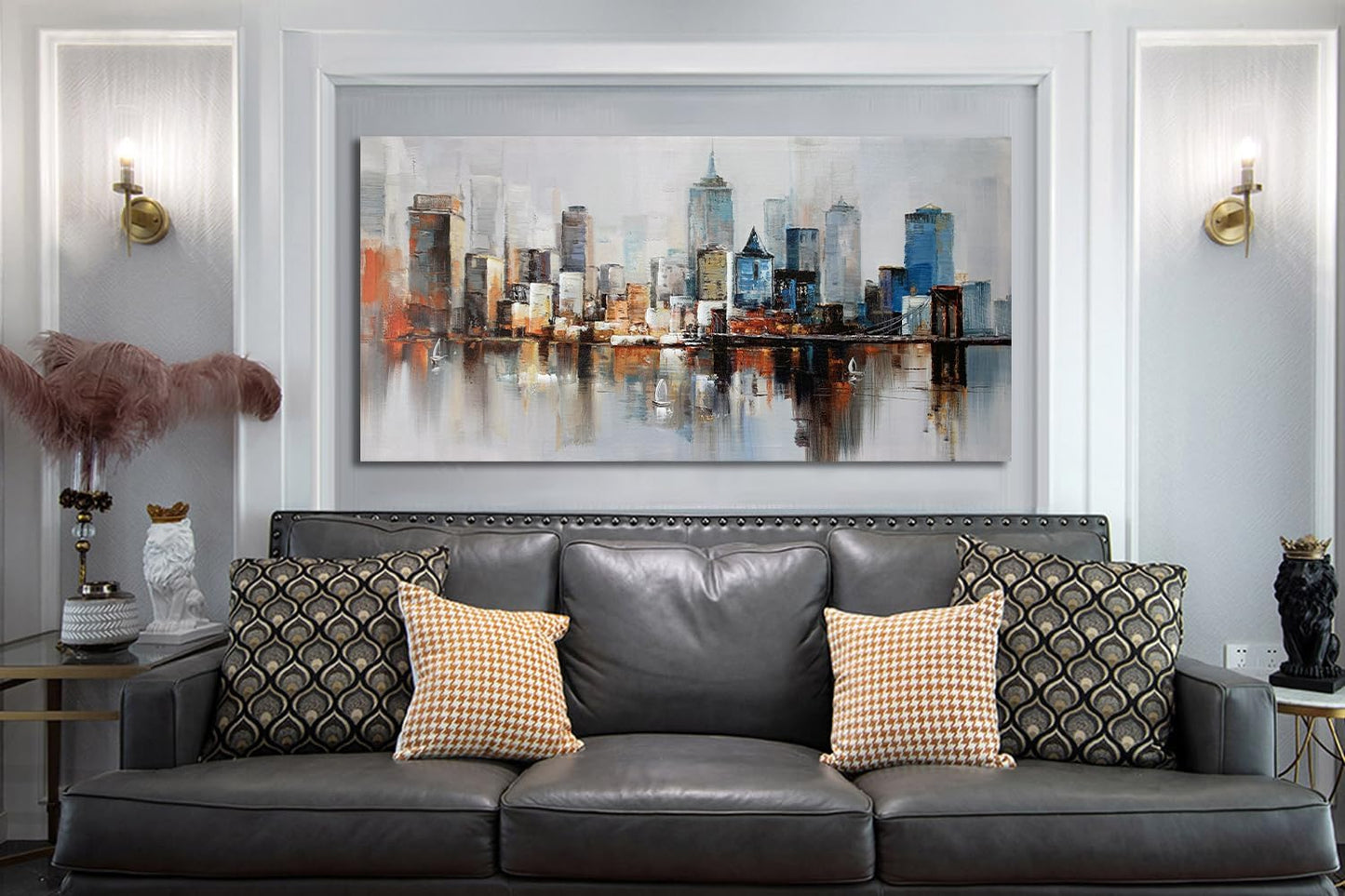 Arjun Brooklyn Bridge Wall Art Modern New York City Abstract Canvas Cityscape Painting Large Size Framed, Colorful NYC Skyline Textured Picture for Living Room Bedroom Home Office Wall Decor, 40"x20"