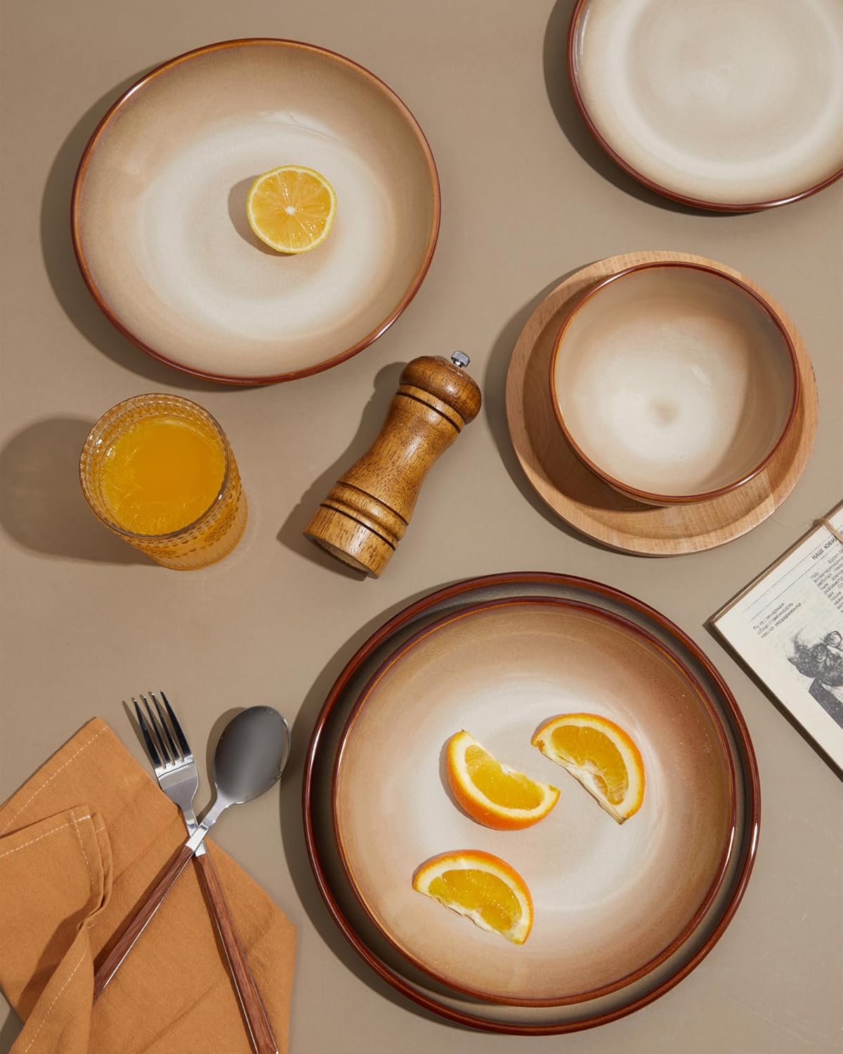 Stoneware Dinnerware Set Service for 4, 12 pcs Reactive Glaze Plates and Bowls Sets, Handmade Round Dishes Set, Highly Chip and Crack Resistant Modern Plate Set, Brown Yellow