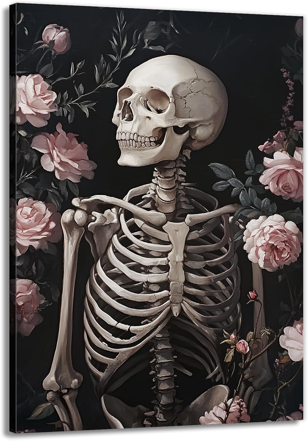OAAPITI Skull Floral Wall Art Vintage Skeleton Portrait Canvas Print Dark Gothic Skull Art for Living Room Bedroom Home Wall Decor Ready to Hang(Artwork-10,24"x36")