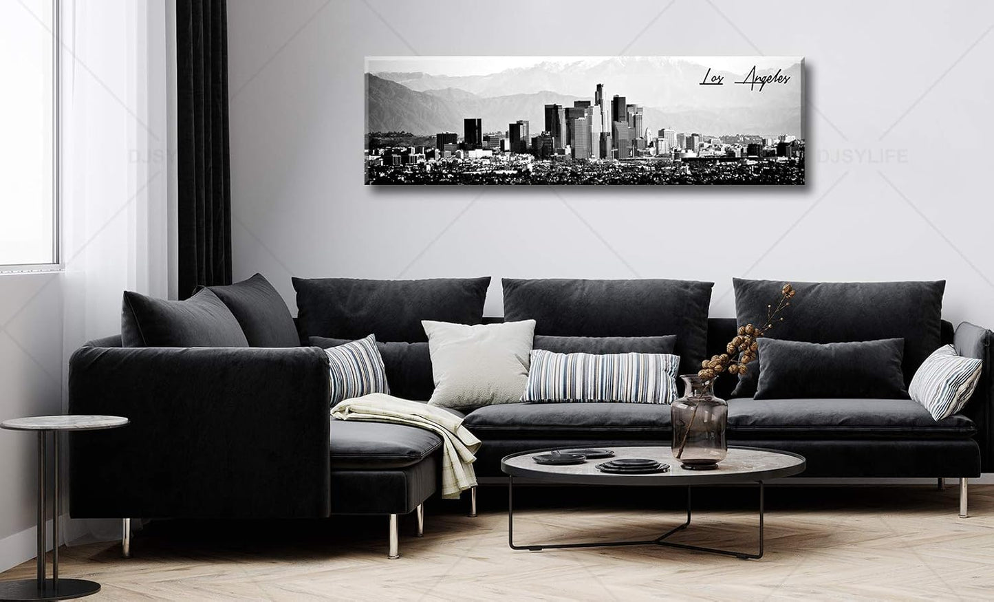 DJSYLIFE Los Angeles Skyline Wall Art Black and White USA Panoramic Cityscape Picture Canvas Prints Artwork for Bedroom Men Room Office Decoration Painting Ready to Hang 13.8"x47.3"