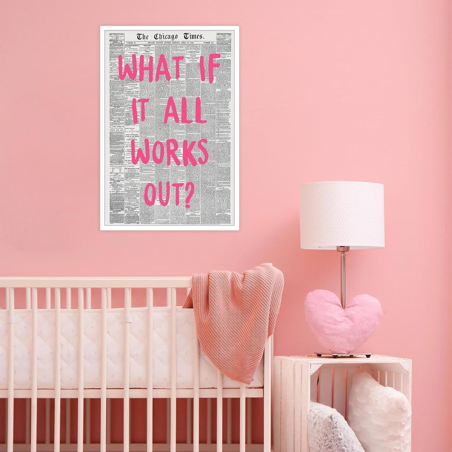 Liyark Retro Trendy Newspaper Canvas Wall Art - 'What If All Works Out' Positive Affirmation Quote - Pink Font - Minimalist Home Decor - 16x24in Unframed