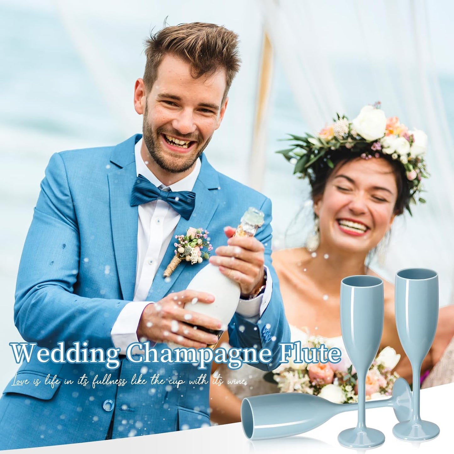 XUWAIDSGN Acrylic Champagne Flutes Toasting Glasses Unbreakable Mimosa Bar Reusable Wine Glasses Vintage Champagne Flutes Stemmed Drinking Cups 5.4 OZ for Christmas Birthday (10, Blue)