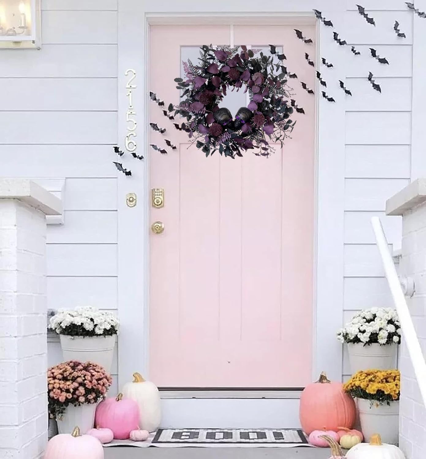 20" Halloween Wreaths for Front Door, Black Glitter Skulls Purple Eucalyptus Leaves Halloween Horror Decor, Gothic Party Room Decoration