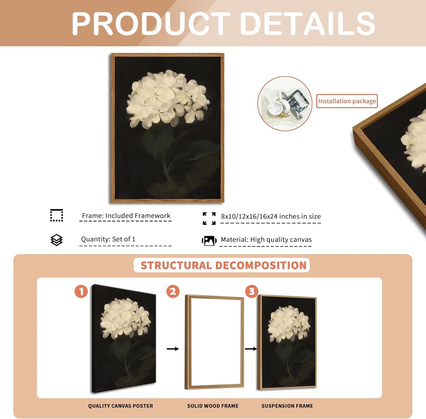 Framed Wall Art for Living Room – Vintage White Hydrangea Oil Painting Canvas Prints, Aesthetic Bedroom Wall Art, Kitchen Decor for Shelves, Bathroom Office Artwork Wall Decor – 16x24in