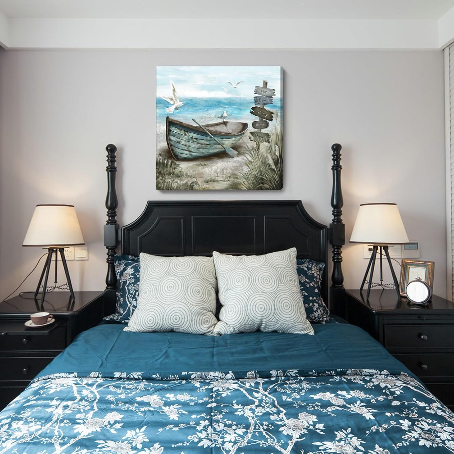 Canvas Wall Art Beach Décor Wall Picture Rustic Coastal Sand Canvas Print Ocean Nautical Painting Seascape Sea Bird Vintage Ship Boat Artwork for Seaside Living Room Bedroom Bathroom Decor Blue Large