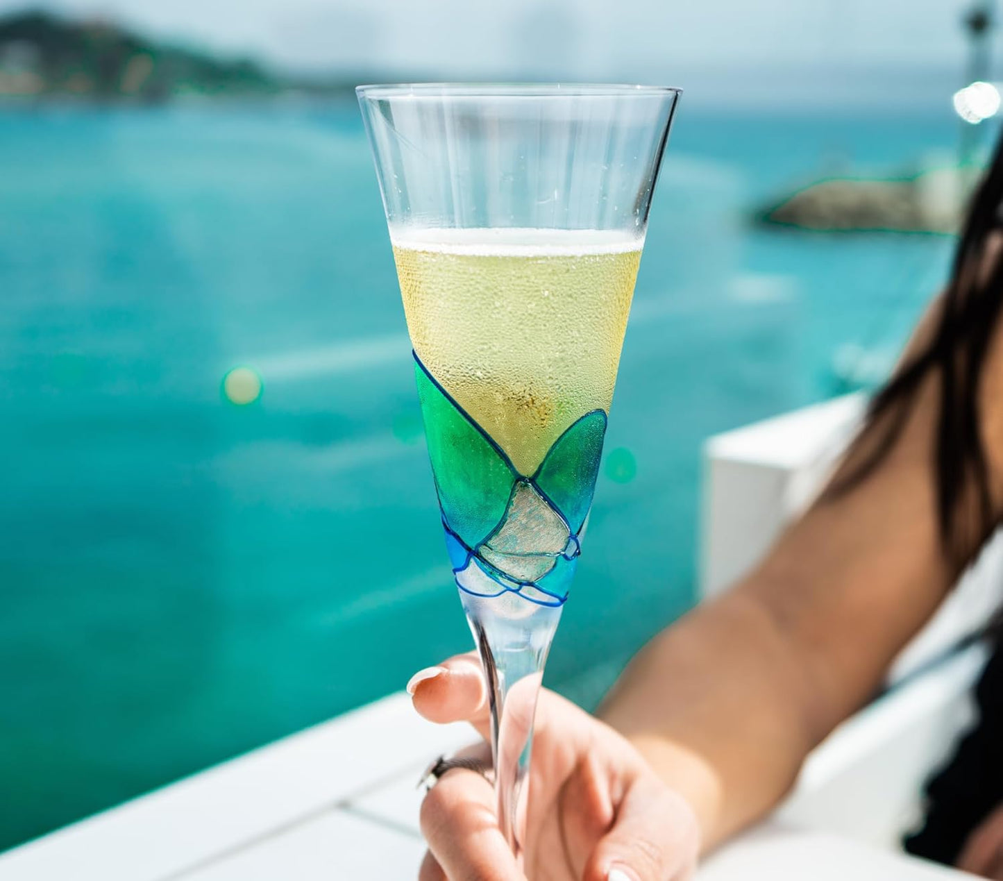 Victoria Barcelona Champagne Flute Set of 2 – 7.5 oz Mouth-Blown Turquoise Sea Glass | Hand-Painted, Gaudí & Murano Inspired | Artistic Unique Gift Ideas for Her or Him