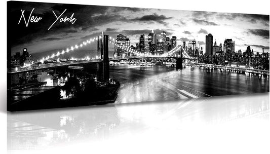 DJSYLIFE New York Skyline Wall Art - Brooklyn Bridge Night View - Black and White Nyc City Pictures Scape Artwork Painting Decoration for Bedroom or Office, Ready to Hang 13.8"x47.3"-New York1
