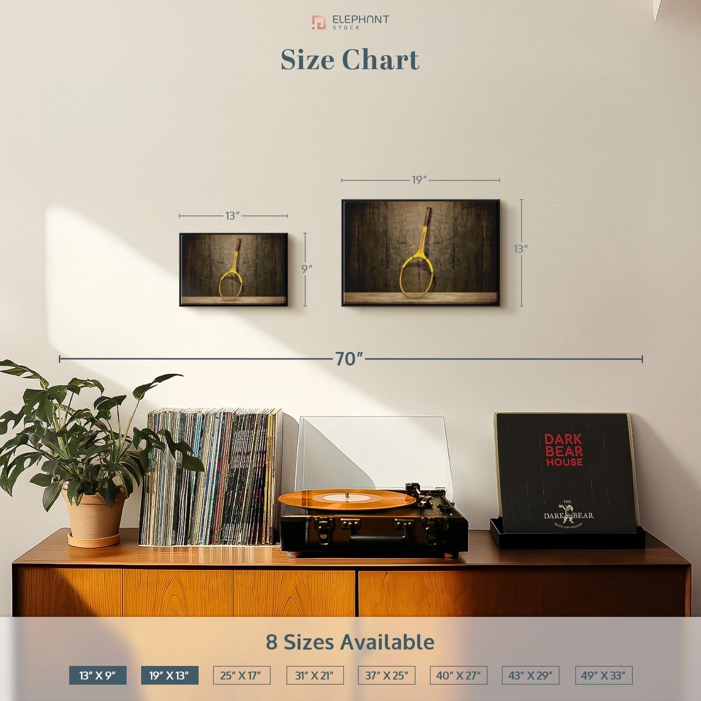 ElephantStock Vintage Tennis Racket Wall Art - Horizontal Framed Canvas - 1-Piece Living Room Wall Decor - Photography Sports Canvas Print - Brown and Black Decor for Wall - 13" X 9"