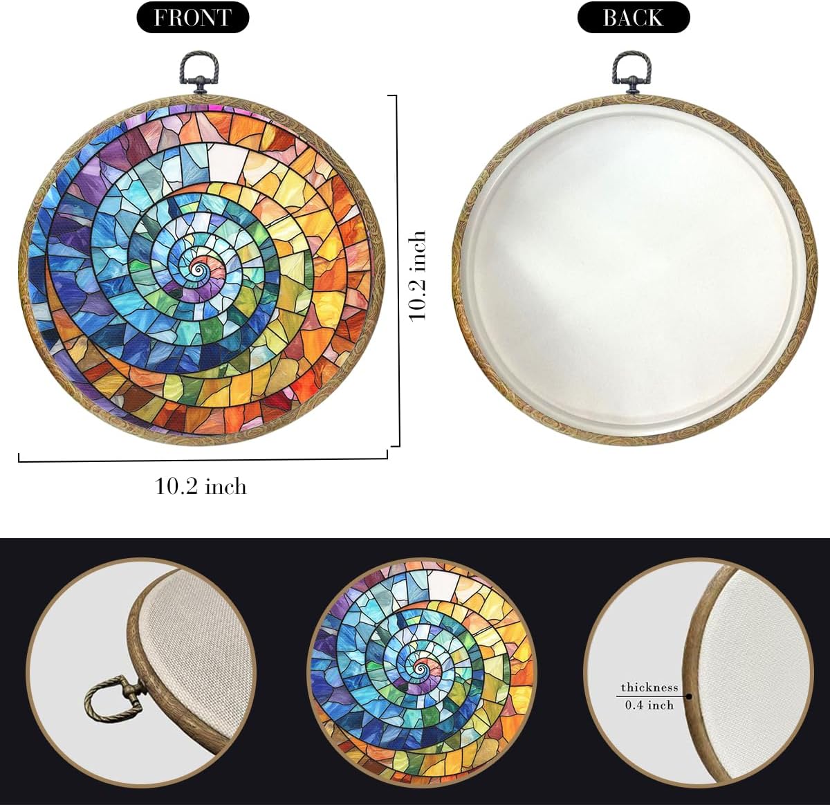 Colorful Boho Rainbow Geometric Spiral Sun Art Gift Framed Round Wall Decor Canvas Wall Art Hanging Prints Artwork for Home Office Porch Nursery Bedroom Living Room Decorations 10.2X10.2 Inch