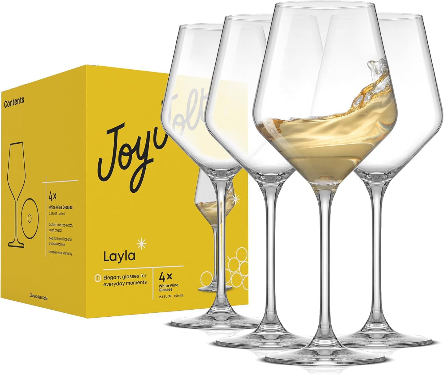 JoyJolt Layla White Wine Glasses, Set of 4 Italian Glasses, 13.5 oz Clear – Made in Europe