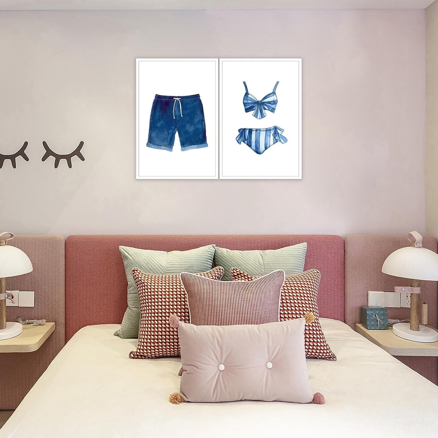 Liyark Set of 2 Retro Navy Blue And White Swimsuit Art Posters Beach Bathing Suit Prints Painting Beach House Wall Art Coastal Wall Decor Pictures For Bathroom Home Decoration 12x16in Unframed