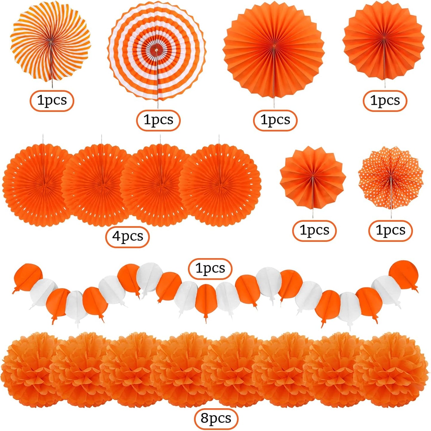 Orange Party Decorations, Papar Fans Pompoms Fans Garlands for Halloween Birthday Bridal Baby Shower Wedding Graduation Spring Festival Party Decorations