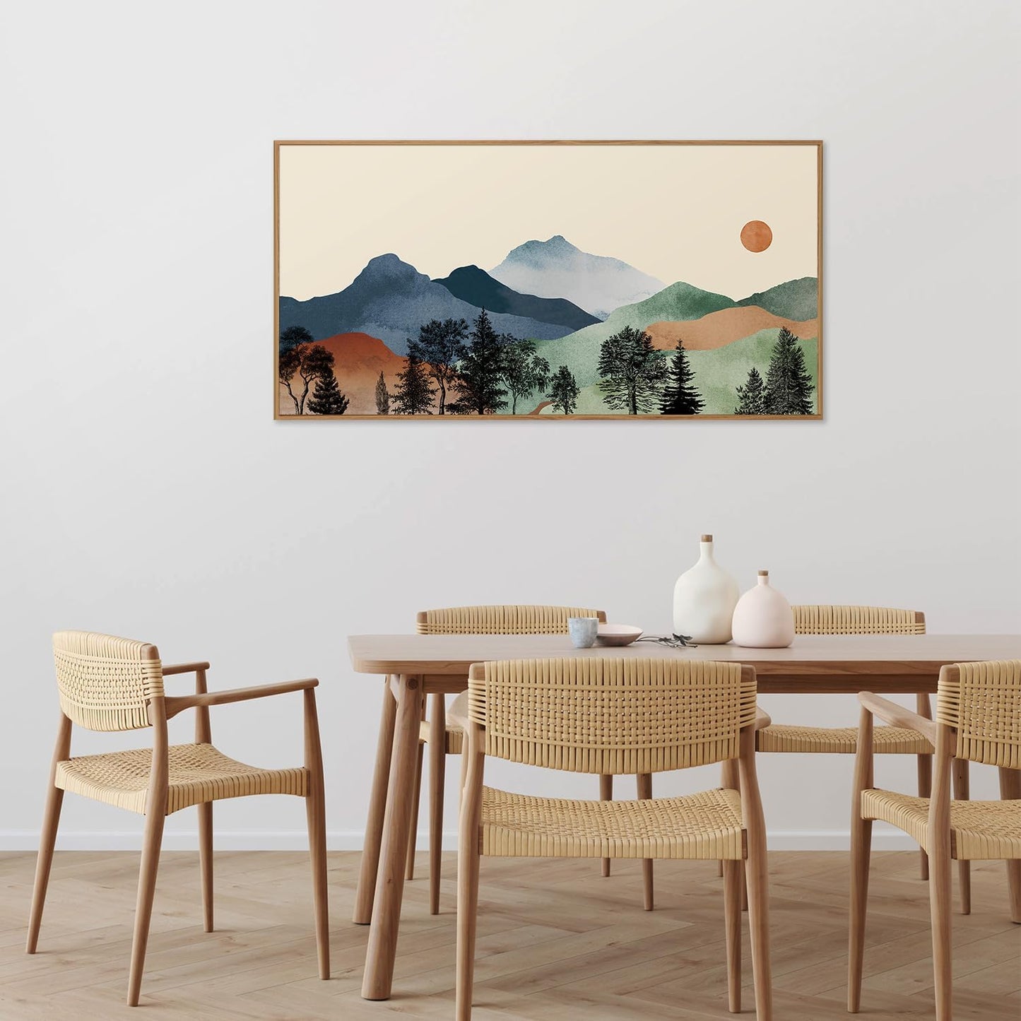 SIGNINART Large Boho Mountains Framed Canvas Wall Art, Watercolor Nature Landscape Art Prints, Neutral Modern Sunrise Art Paintings, Green Forest Wall Decor for Living Room, Bedroom, Office 20"x40"