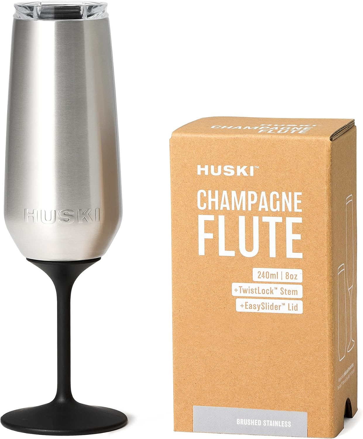 Huski Champagne Flute | NEW | Award-winning Design with Detachable Stem | Premium Stainless Steel Champagne Glass with Lid | Triple Insulated Tumbler | 8oz Capacity | Great Gift (Brushed Stainless)