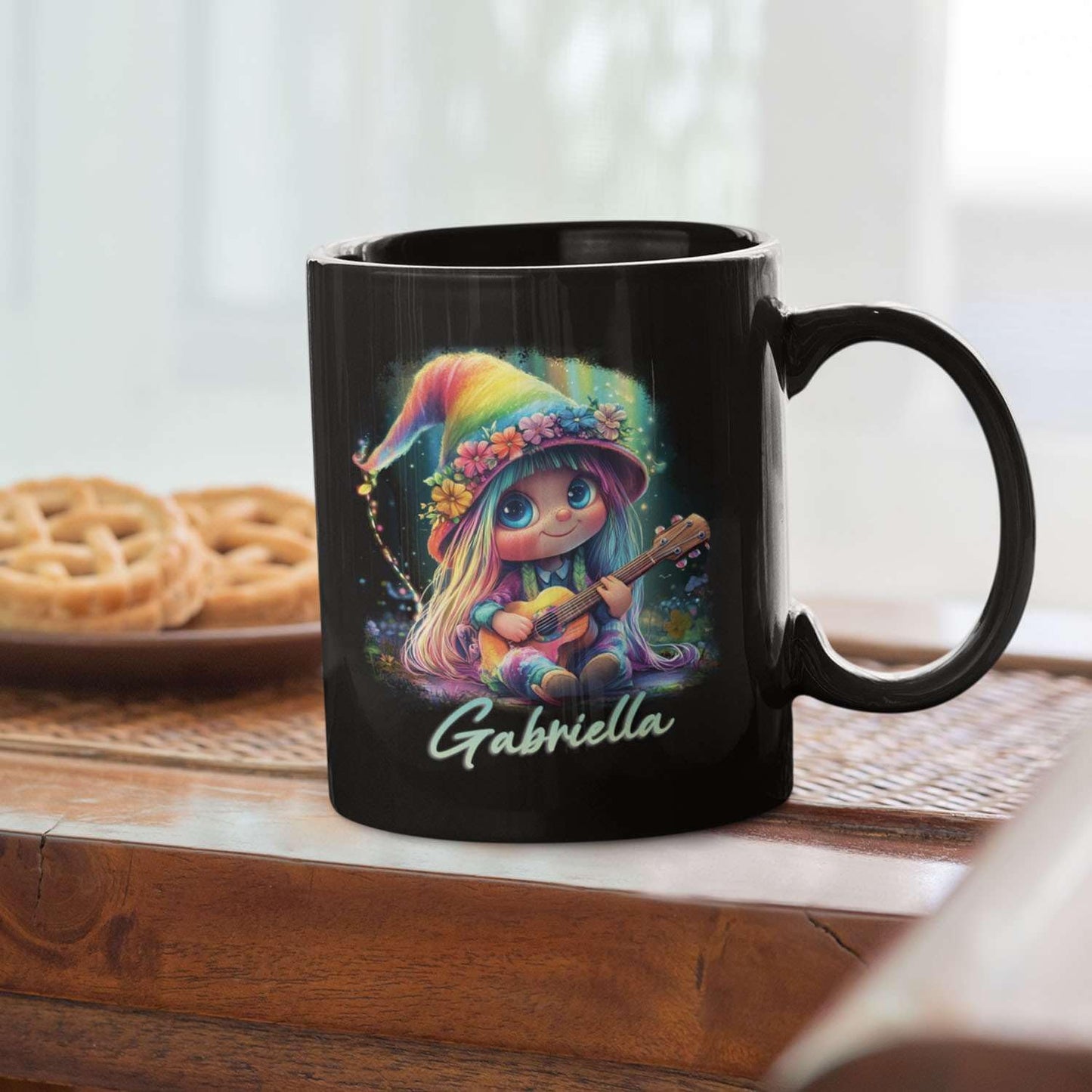 Customized Adorable Gnome With Guitar Mug 11oz 15oz, Personalized Name Coffee Cup, Gnome And Northern Lights Mug, Custom Whimsical Music Ceramic Cup, Gnome Black Mug Gift For Kids