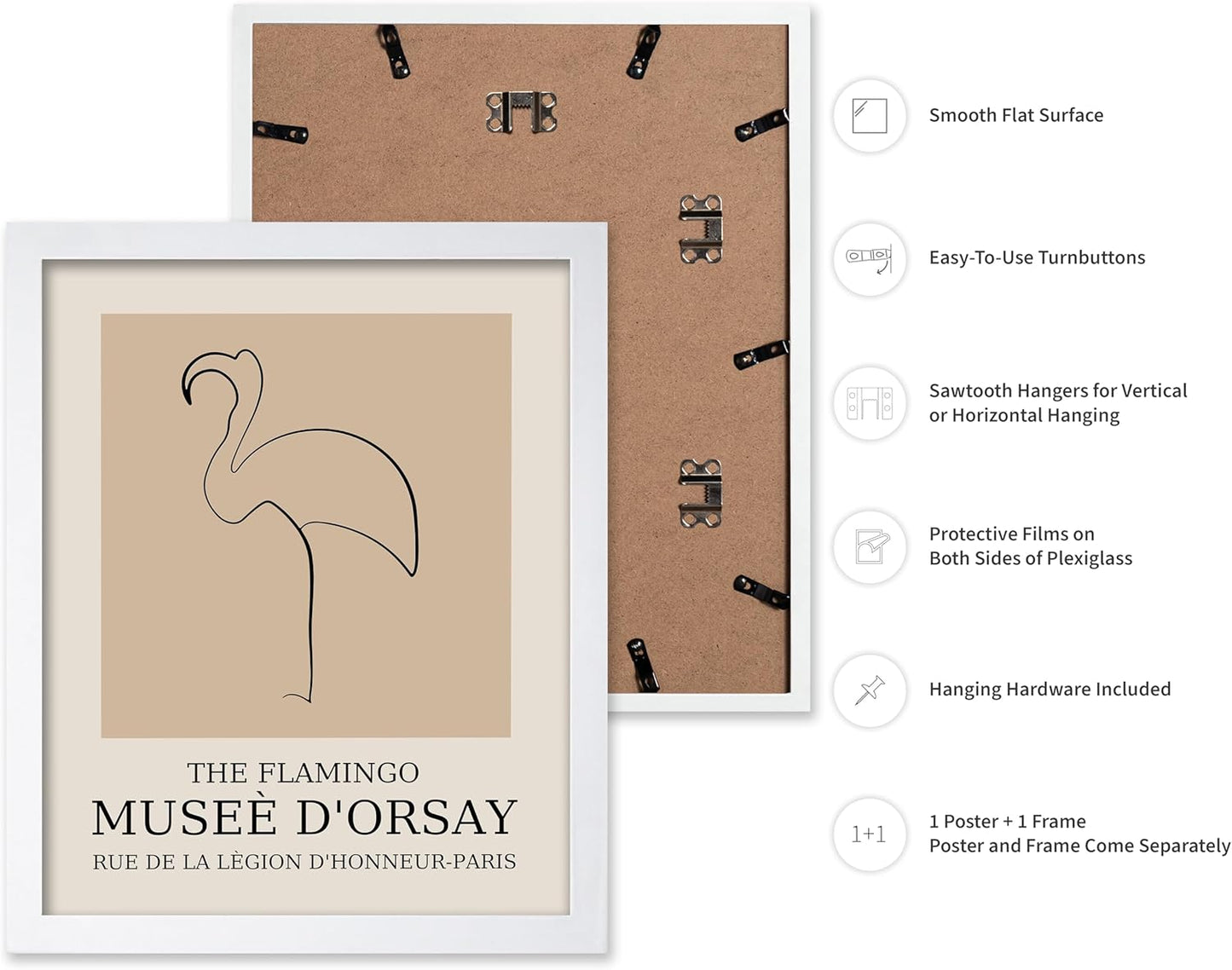 Poster Master Vintage Poster - Retro Minimalist Print - Gift for Artist, Housewarming - Flamingo, Line Drawing, Sketch, Abstract - Wall Decor for Living Room, Bedroom, 8x10 White Framed