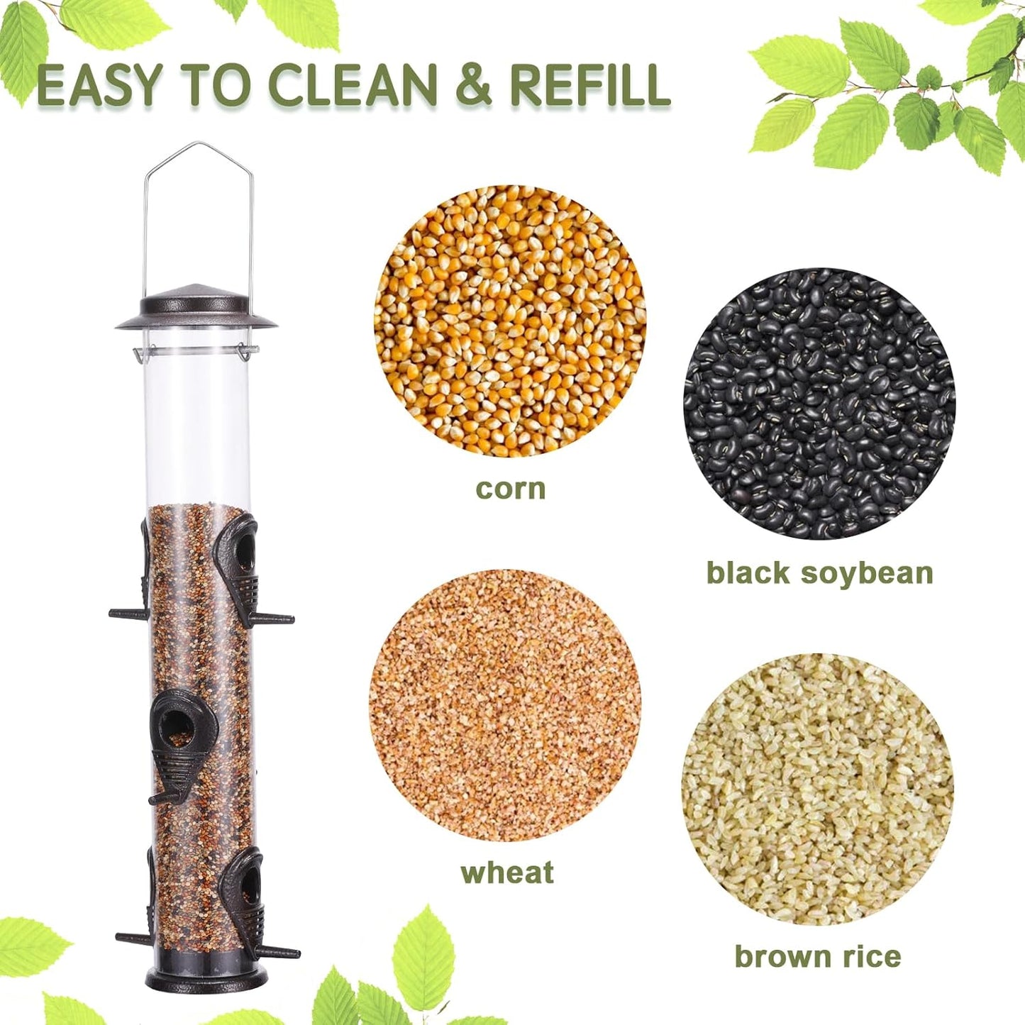 MIXXIDEA 2PK Metal Wild Bird Feeder Squirrel Proof Bird Feeders for Outside Hanging 6 Port Tube Bird Feeder Transparent Finch Feeder with Steel Hanger (Coffee)