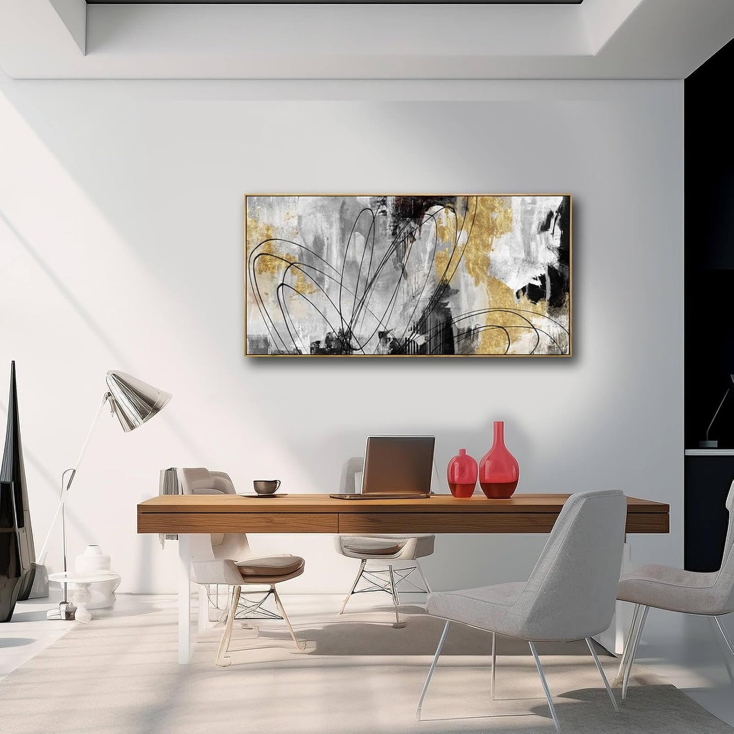 YJYart Line Art Wall Decor Black and Gold Wall Artwork 20"x40" Canvas Wall Art for Living Room Kitchen Wall Picture Ready to Hang