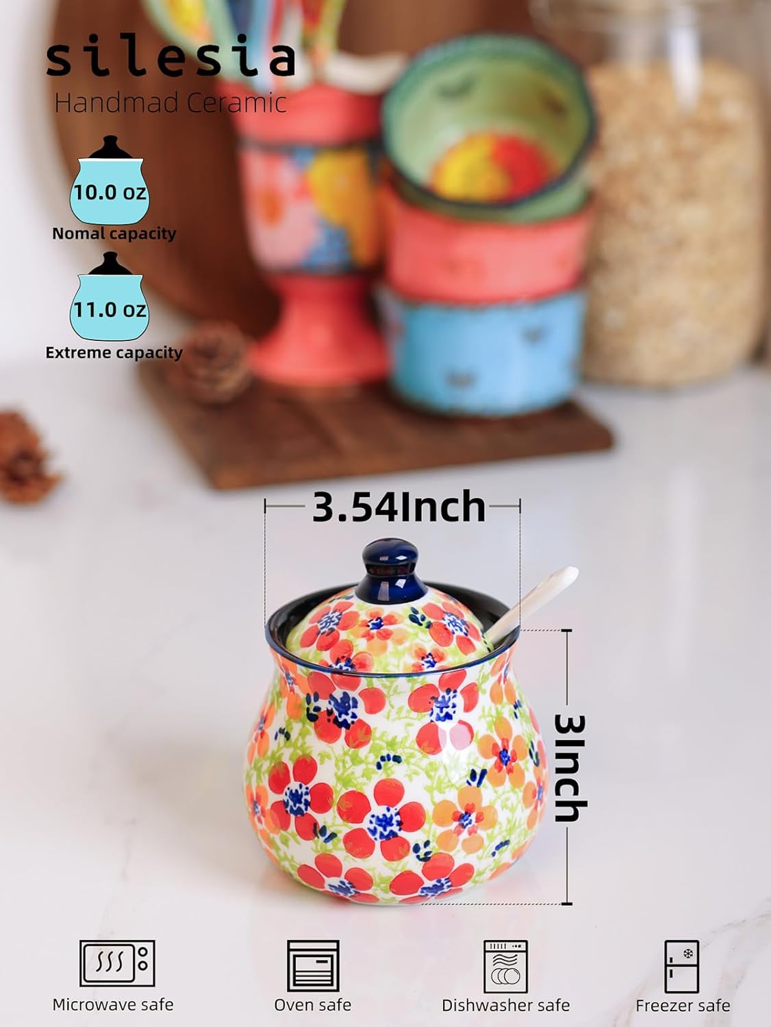 silesia Handmade Sugar Bowl with Lid and Spoon, 9 Ounce Ceramic Hand-Painted Sugar Jar for Home in Gift Box, Kitchen Decor, Oven, Dishwasher & Microwave Safe, Jungle Floral