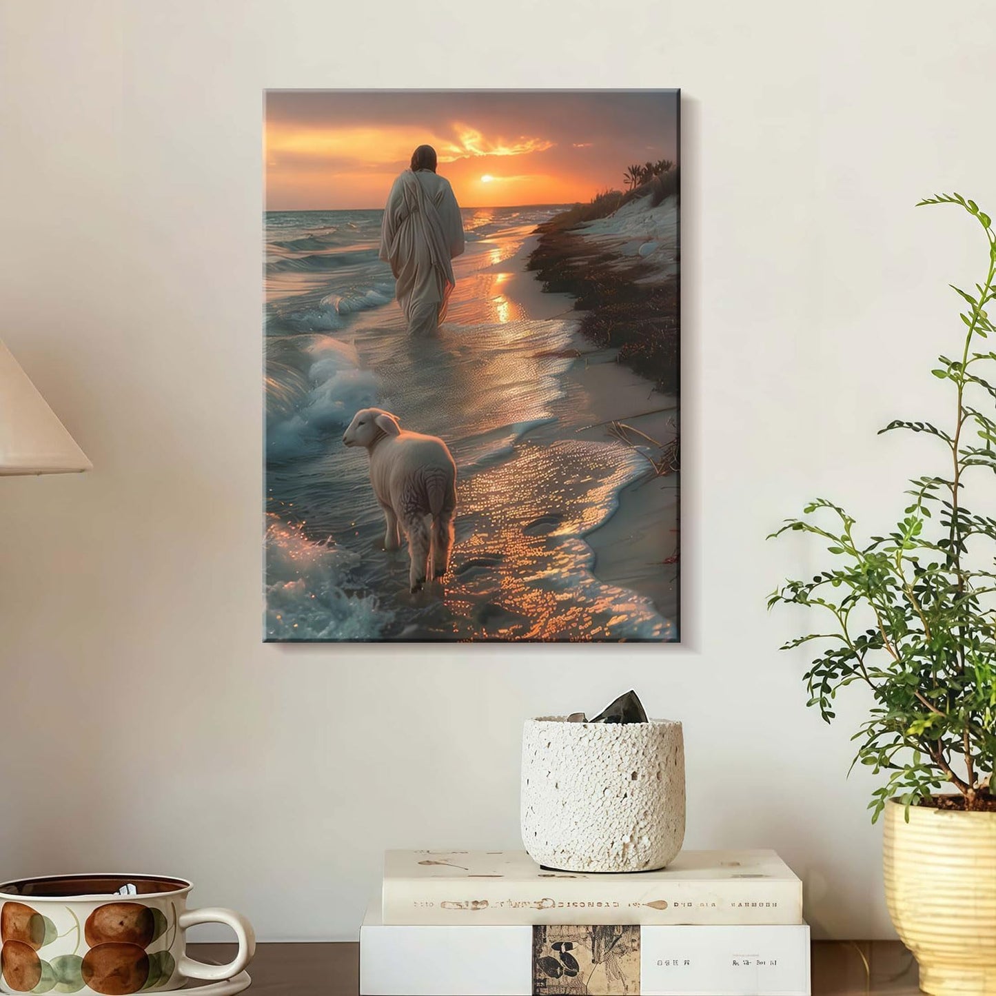 Framed Canvas Jesus and the Lamb Walking on the Beach Wall Decor Wall Art Gallery Decor Unique Print Wall Decor for Living Room Bedroom Church Home Decor 16x24 Inch Ready to Hang