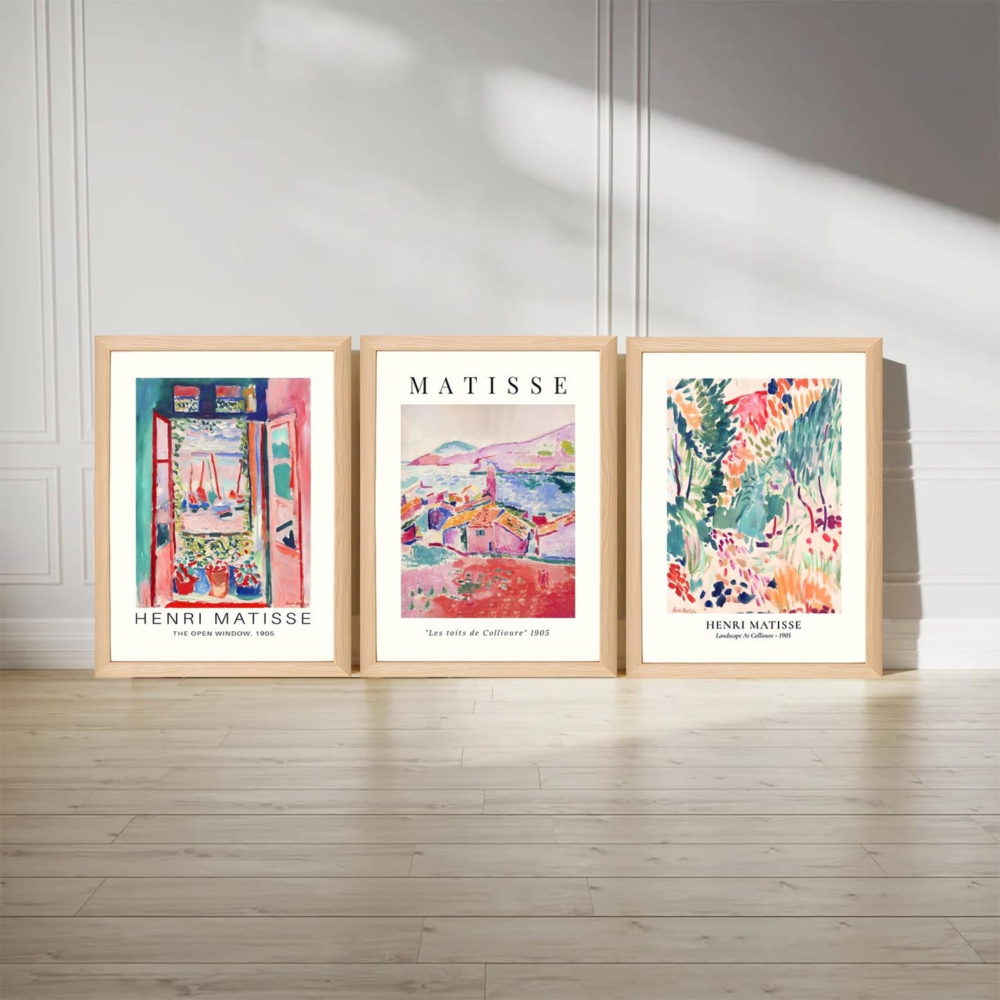 Wooden Framed Matisse Wall Art Set of 3 Abstract Henri Matisse Posters Vintage Flower Market Canvas Prints Open Window Painting Artwork Picture Aesthetic Room Decor for Bedroom Living Room 16x24in