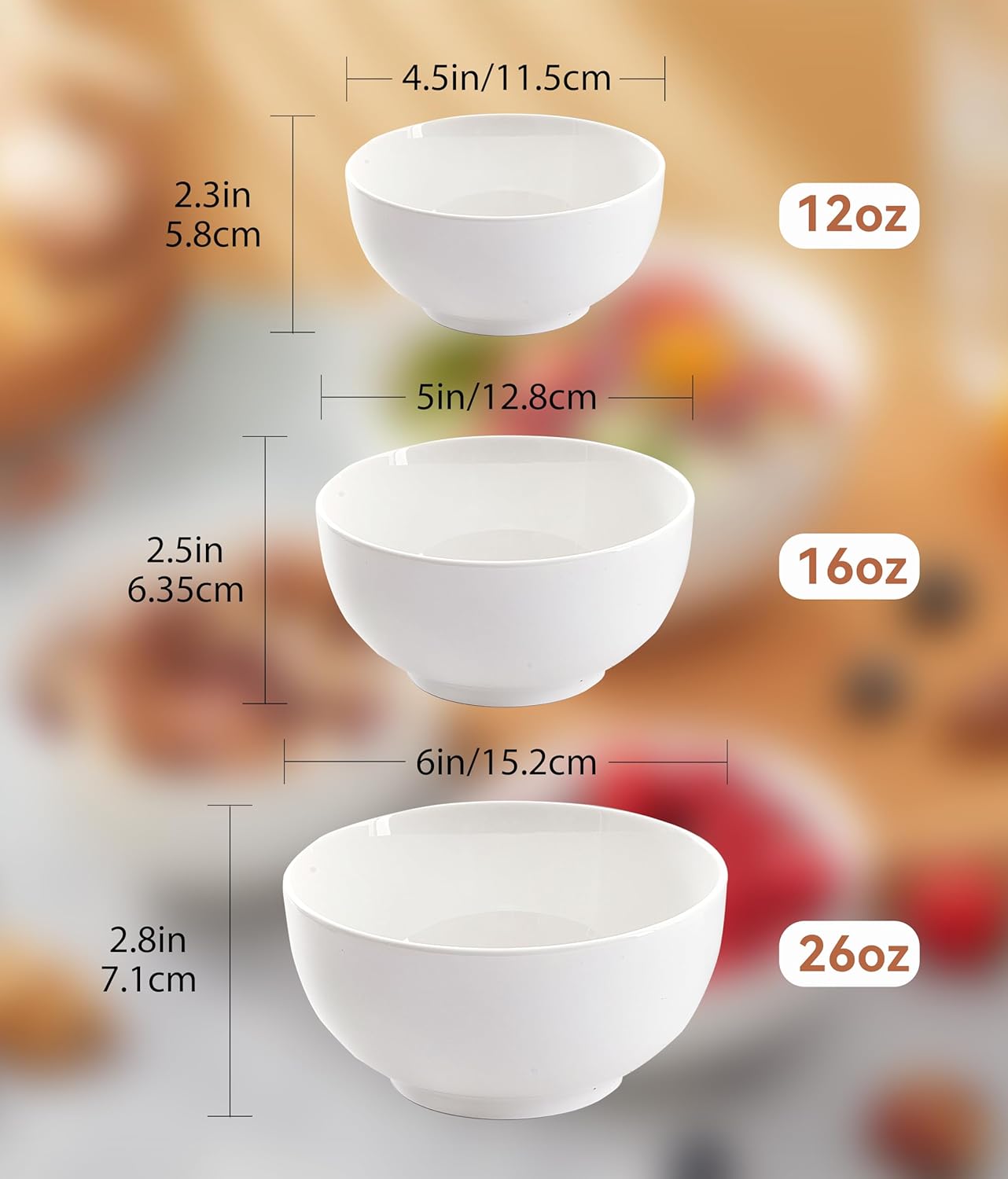 White 4.5in Small Ceramic Bowls, 12 OZ Cereal Bowls Set of 6 for Dessert, Rice, Jello, Pudding, Yogurt, Dishwasher/Microwave safe, Bone China