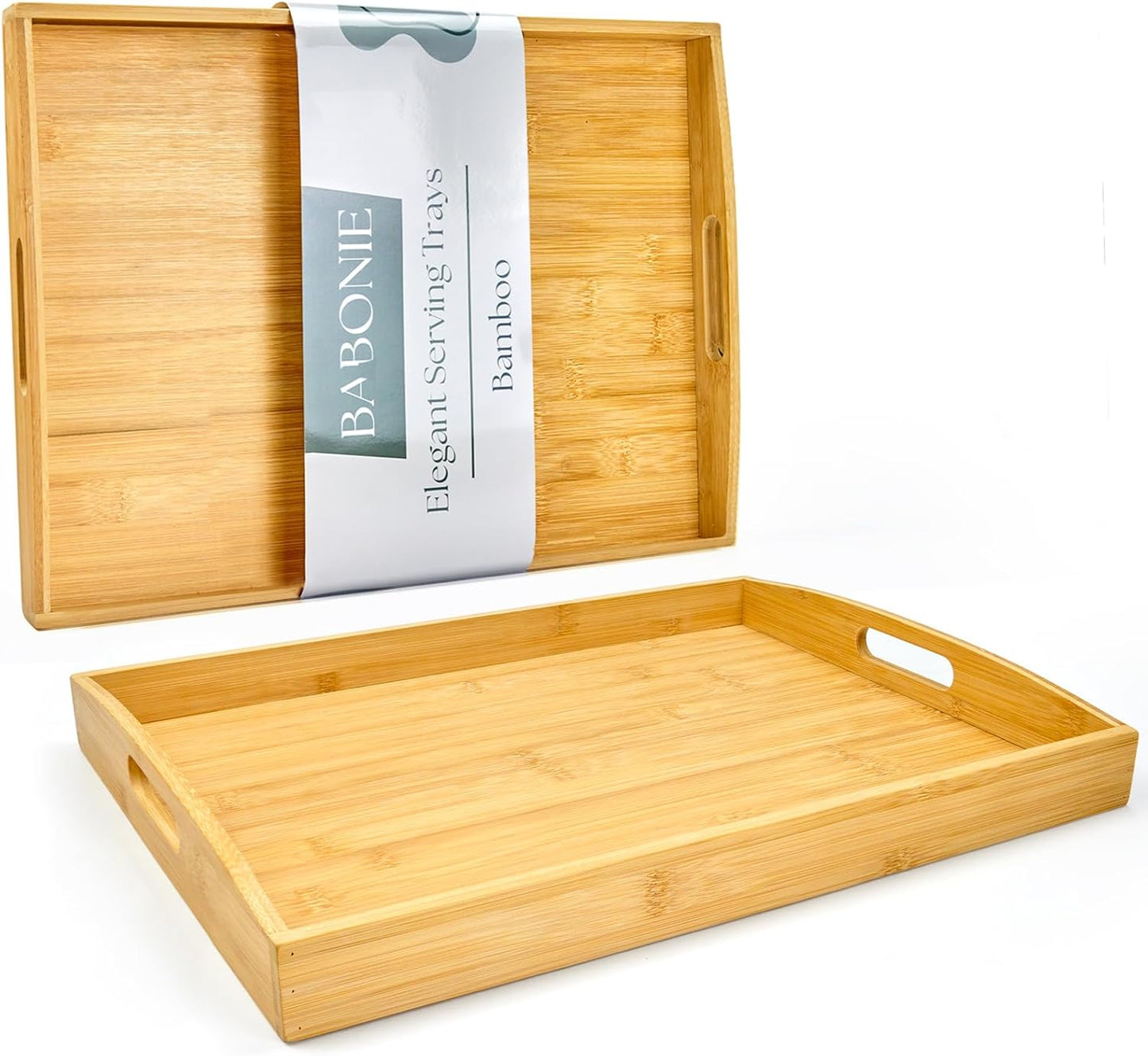 Larger Bamboo Serving Tray with Handles - Decorative Wooden Trays for Eating, Working, and Storing, Suitable for Use in Bedroom, Living Room, Kitchen, Bathroom, Outdoor Scenarios and More