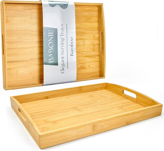 Larger Bamboo Serving Tray with Handles - Decorative Wooden Trays for Eating, Working, and Storing, Suitable for Use in Bedroom, Living Room, Kitchen, Bathroom, Outdoor Scenarios and More