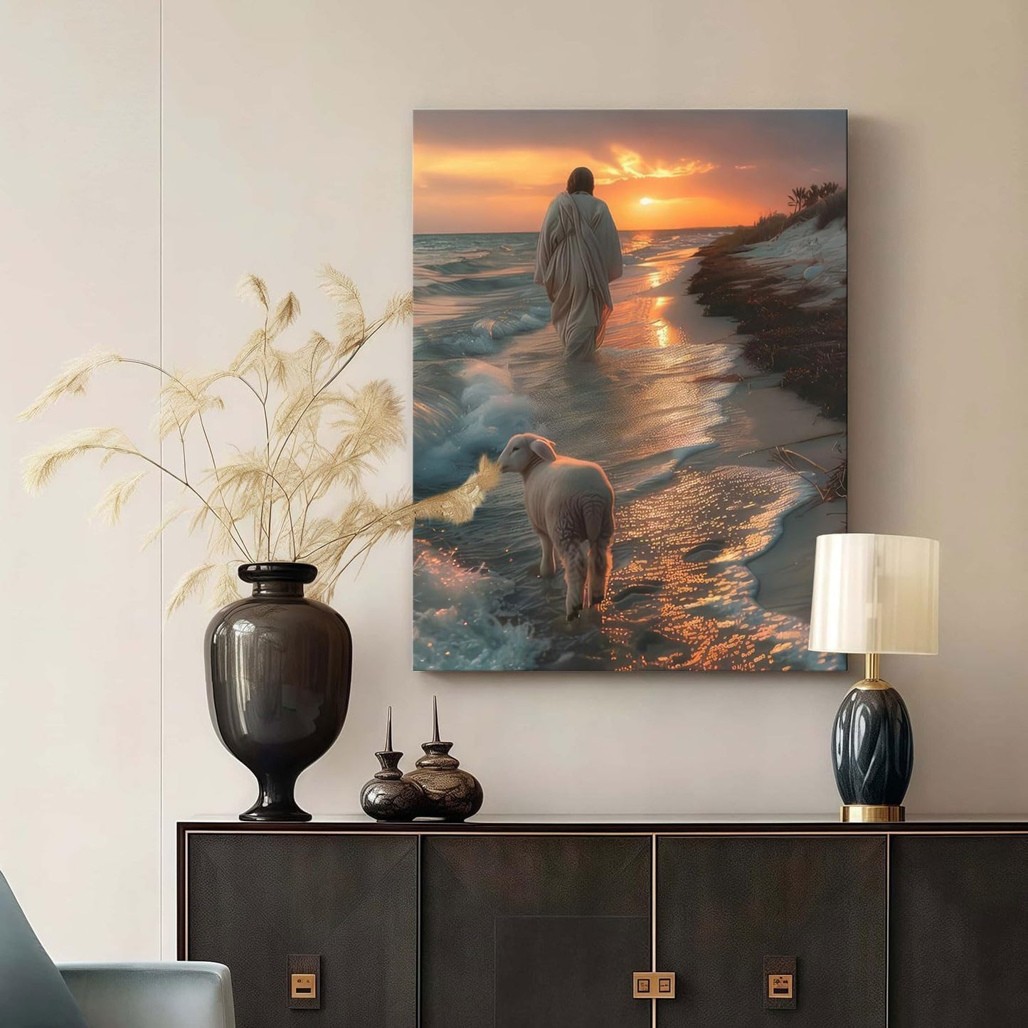 Framed Canvas Jesus and the Lamb Walking on the Beach Wall Decor Wall Art Gallery Decor Unique Print Wall Decor for Living Room Bedroom Church Home Decor 12x16 Inch Ready to Hang