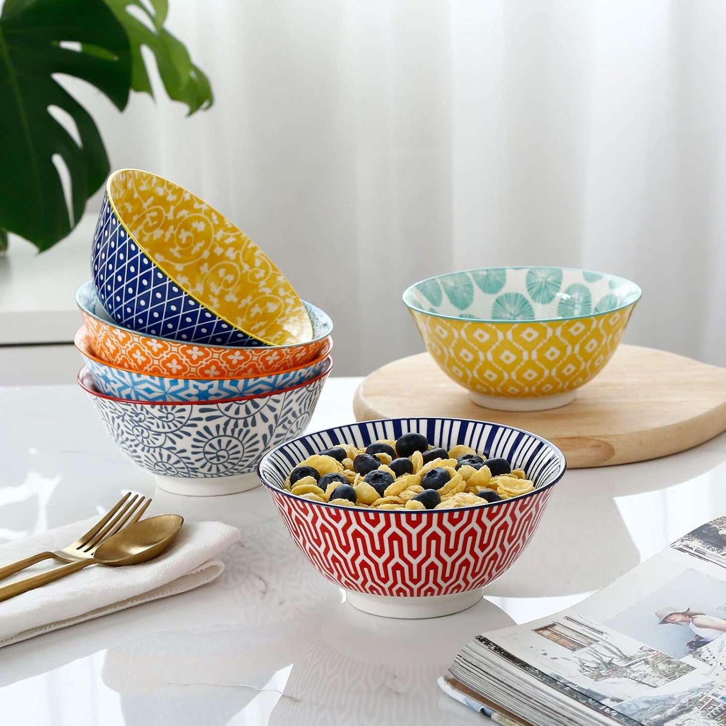 Selamica Porcelain 20oz Cereal Bowl Set - Set of 6, 6 inch Soup Bowls, Ceramic bowls for Cereal, Soup, Salad and Pasta, Colorful bowls