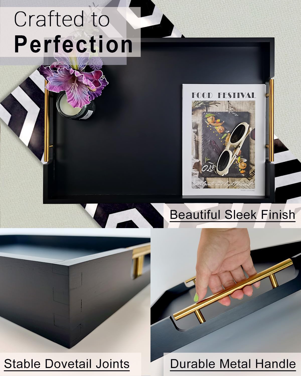 22 Inch Rectangle Black Ottoman Tray with Gold Metal Handles, Extra Large Wooden Serving Tray for Living Room, Coffee Table, Kitchen & Hosting