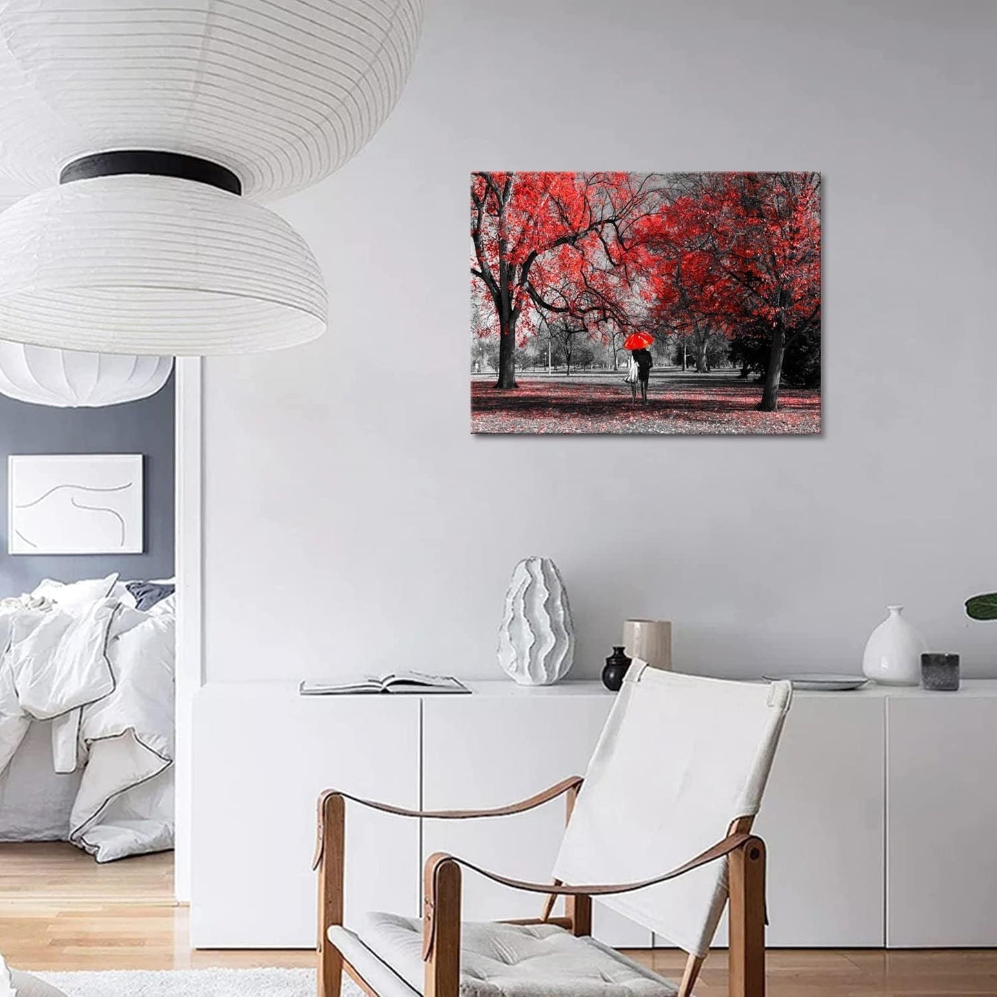 Bamdeya Bathroom Wall Art Gray Red Wall Decor Forest Canvas Painting Tree Prints Art Scenery Artwork for Wall Landscape Picture Black and White Wall Art Bedroom Room Décor Decoration -12x16inches