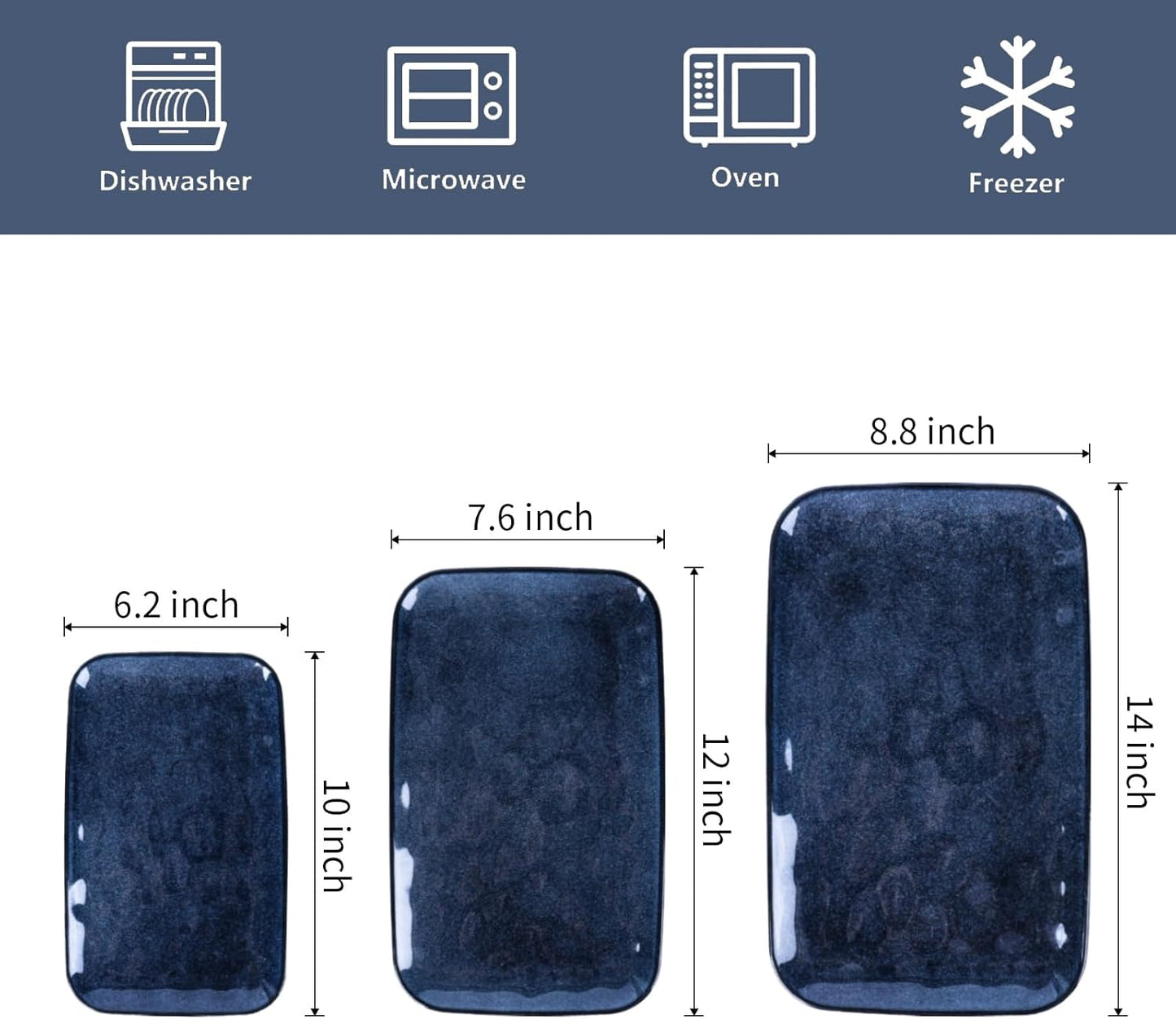 vicrays Ceramic Rectangle Serving Platters - 14" 12" 10" Porcelain Serving Trays Plates for Party BBQ Appetizers Sushi Dessert - Microwave Oven and Dishwasher Safe - Set of 3 Blue