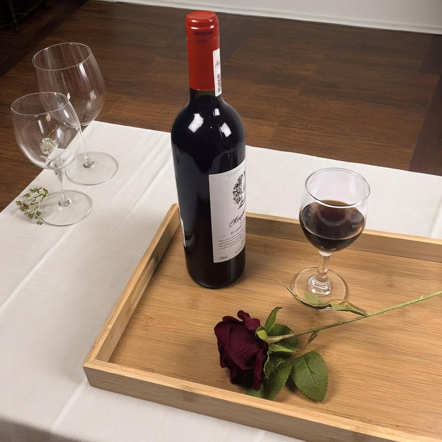 Large Bamboo Wooden Tray with Handles, Rectangular Natural Solid Wood Dinner Tray, Bamboo Wood Original Color. Suitable for Kitchen,Bedroom, Coffee, Party bar. (14.9x10.2 inches)